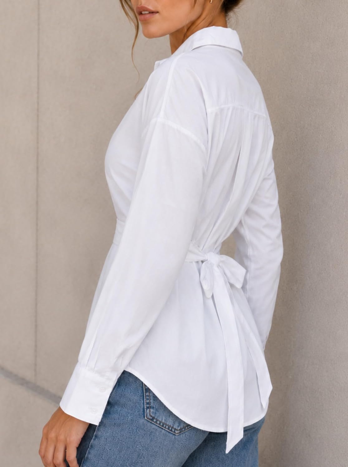 Avanova Women Cinched Waist Blouse Tie Back Button Down Shirt | Long Sleeve Blouse, Collared Neck, Tie Back, Waist Defined, Dressy Casual Top, Work-to-Weekend Blouse, Business Casual