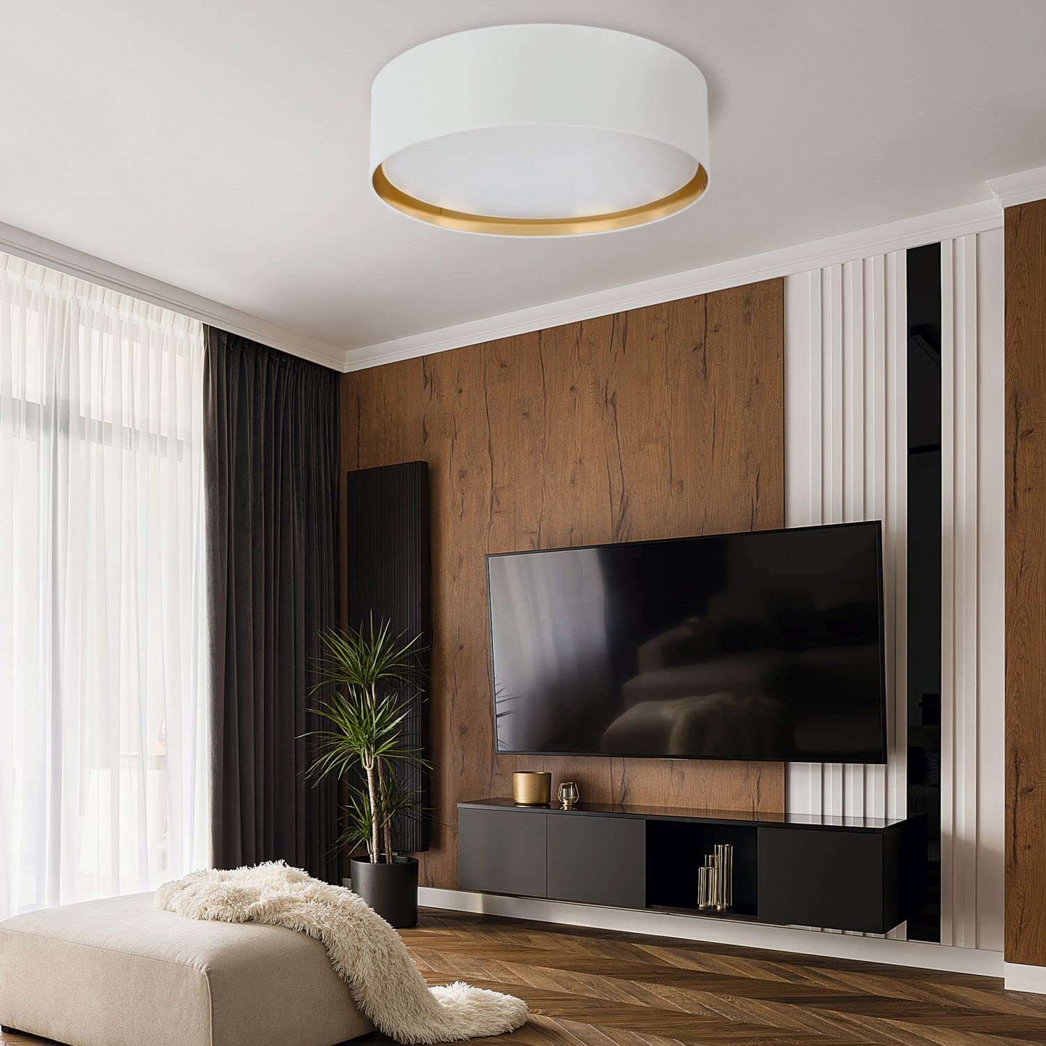 Licht-Erlebnisse Deckenleuchte rund Ø 60 cm Stoffschirm Weiß Gold blendarm für 4x E27 Deckenlampe Schlafzimmer Wohnzimmer