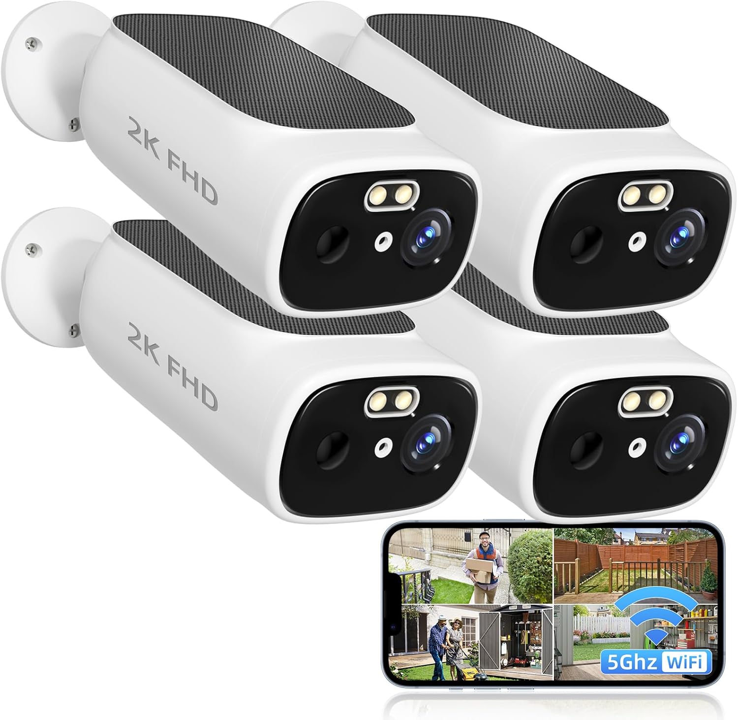 2K Solar Camera Outdoor Wireless-5/2.4Ghz WiFi Cameras for Home Security, AI Motion Detection, Color Night Vision, SD Card/Cloud Storage, Waterproof, Compatible with Alexa/Google Home (4 Camera)