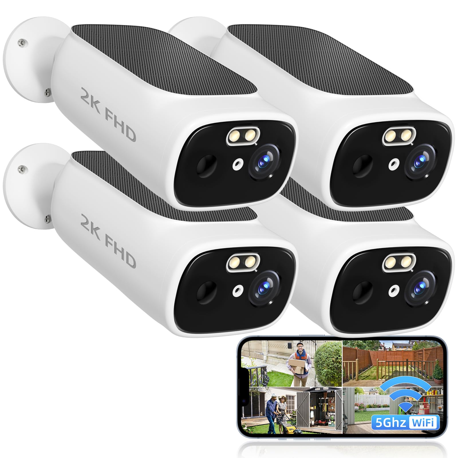 2K Solar Camera Outdoor Wireless-5/2.4Ghz WiFi Cameras for Home Security, AI Motion Detection, Color Night Vision, SD Card/Cloud Storage, Waterproof, Compatible with Alexa/Google Home (4 Camera)