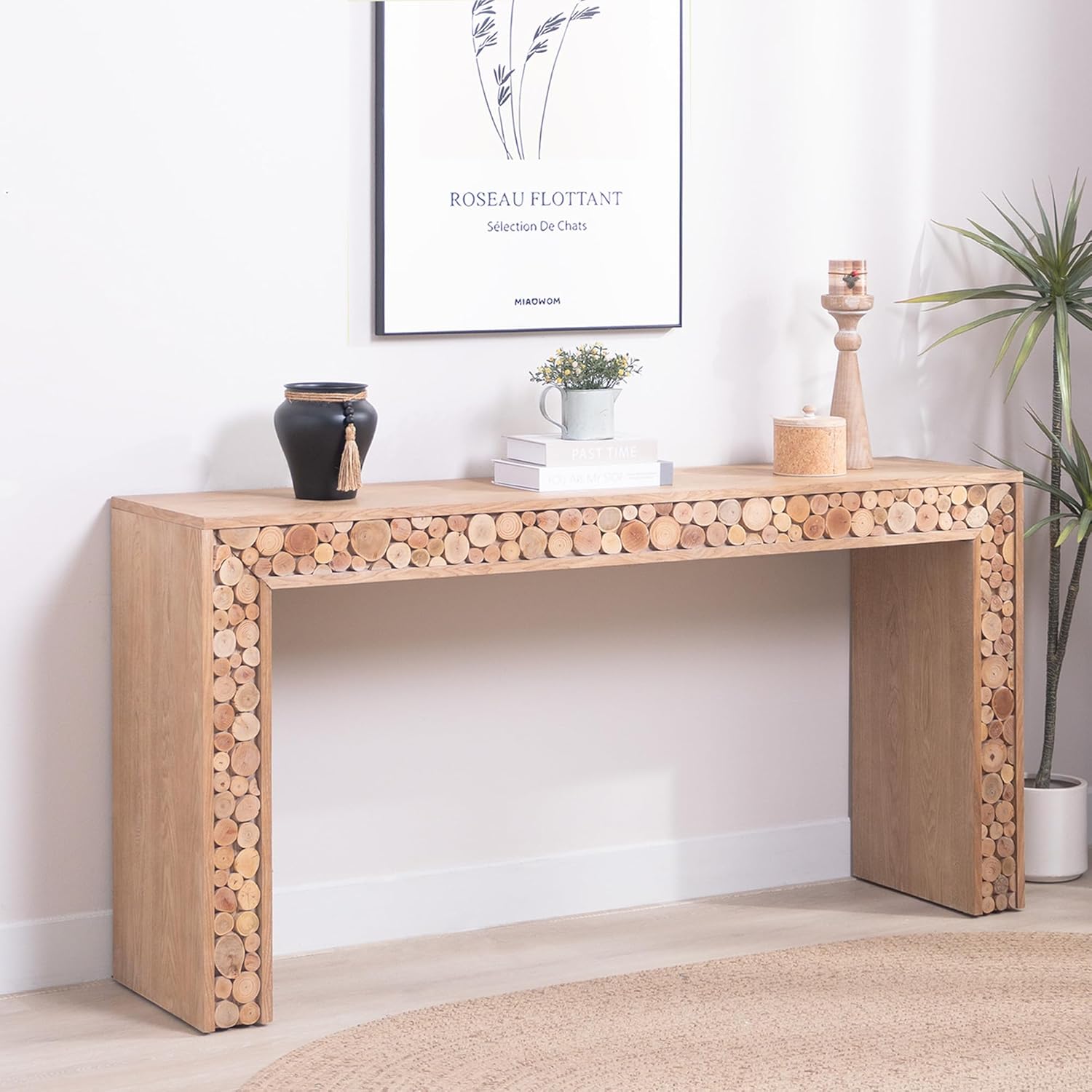 Rustic Wood Console Table with Natural Log Accents, 62.2 x 14.5 x 30.7 Inches, Engineered Wood, Natural Finish, Entryway Hallway Sofa Table