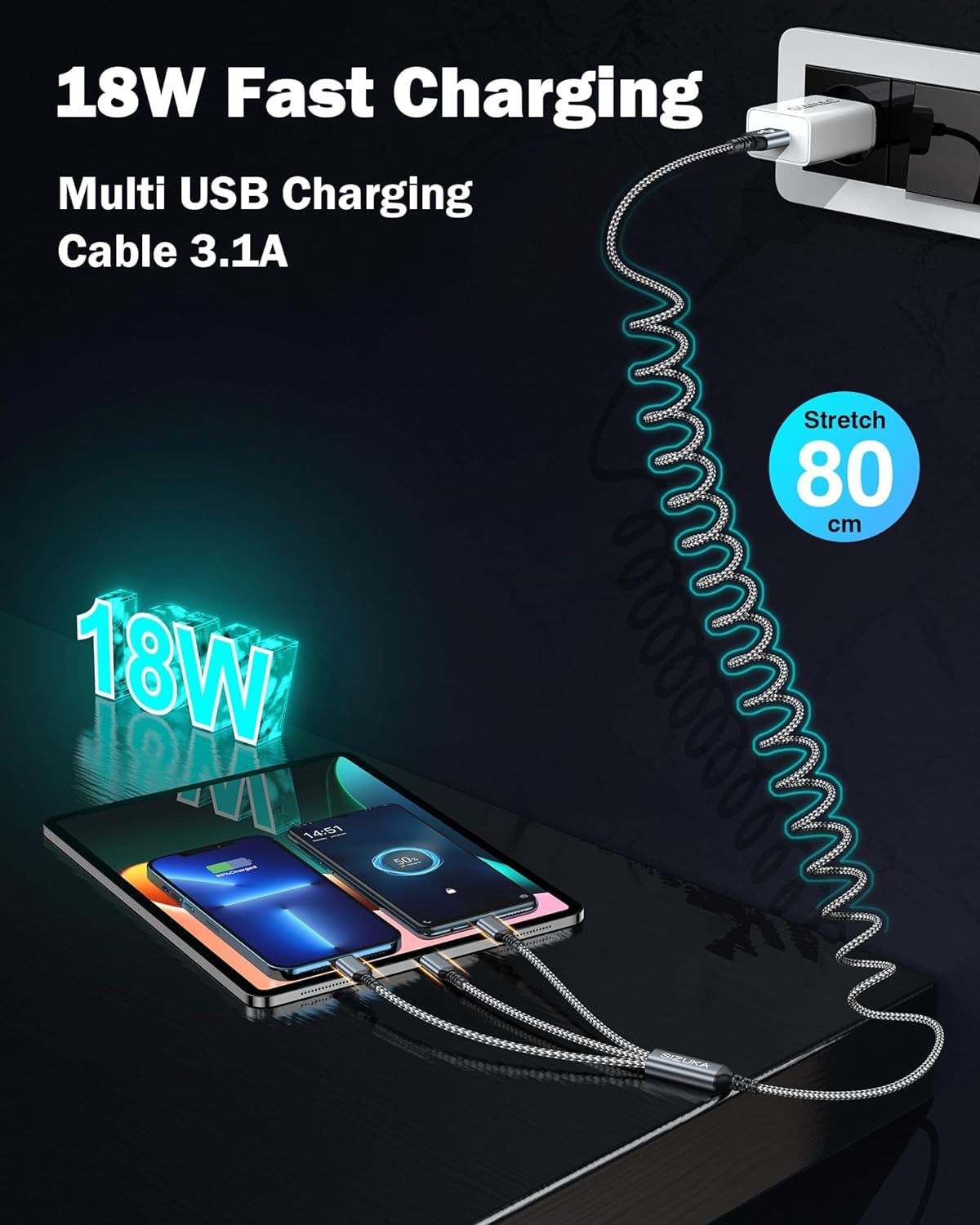 4-in-1 Multi USB Ladekabel, 1,2m, Einziehbar – Mit Typ C, IPhone & Micro USB Anschlüssen