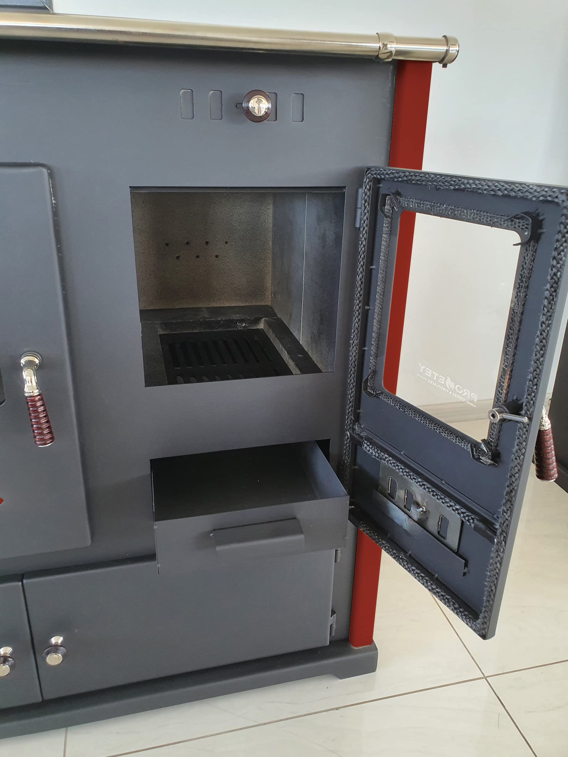 Kaminofen mit Backfach und Herdplatte Pracktik Lux Rot LINKS Holzofen 9,5 kW Kamin Ofen Dauerbrandofen Werkstattofen Schwedenofen Hüttenofen Heizofen