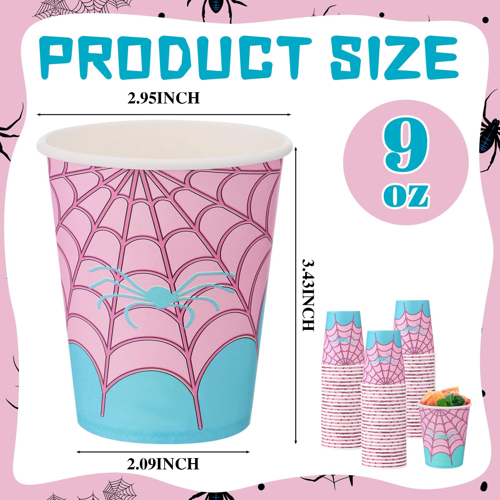 Honoson 50 Pieces Pink Spider Party Decorations Pink Spider Cups Birthday Party Supplies Paper Disposable Cups 9 oz for Baby Shower