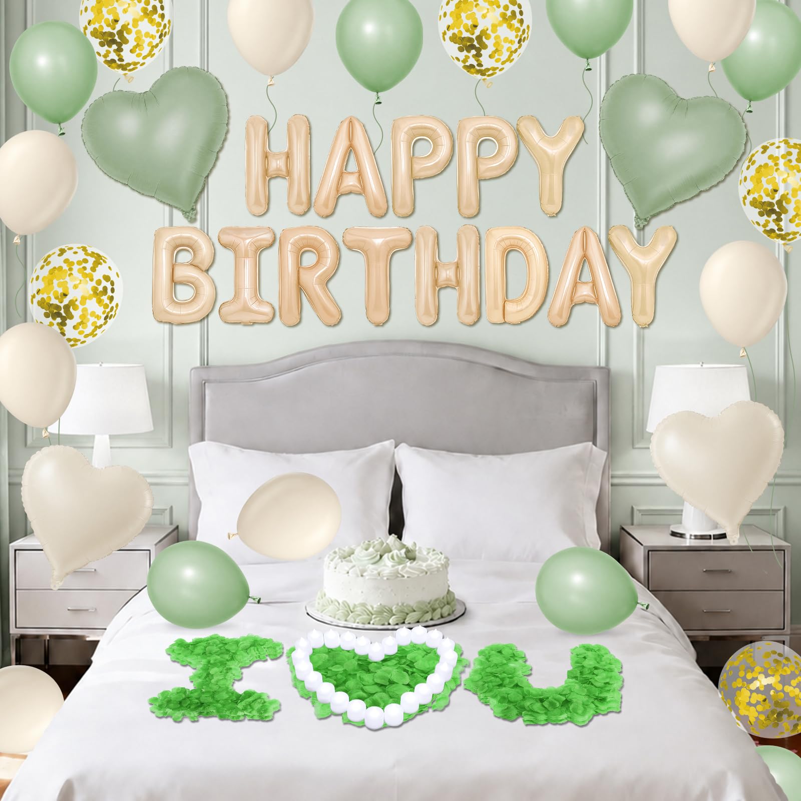 Ballons décoratifs vert sauge « Happy Birthday » - Bannière de ballons d'anniversaire avec ballons en forme d'étoile - 24 bougies LED sans flamme - Pour chambre, hôtel, fête