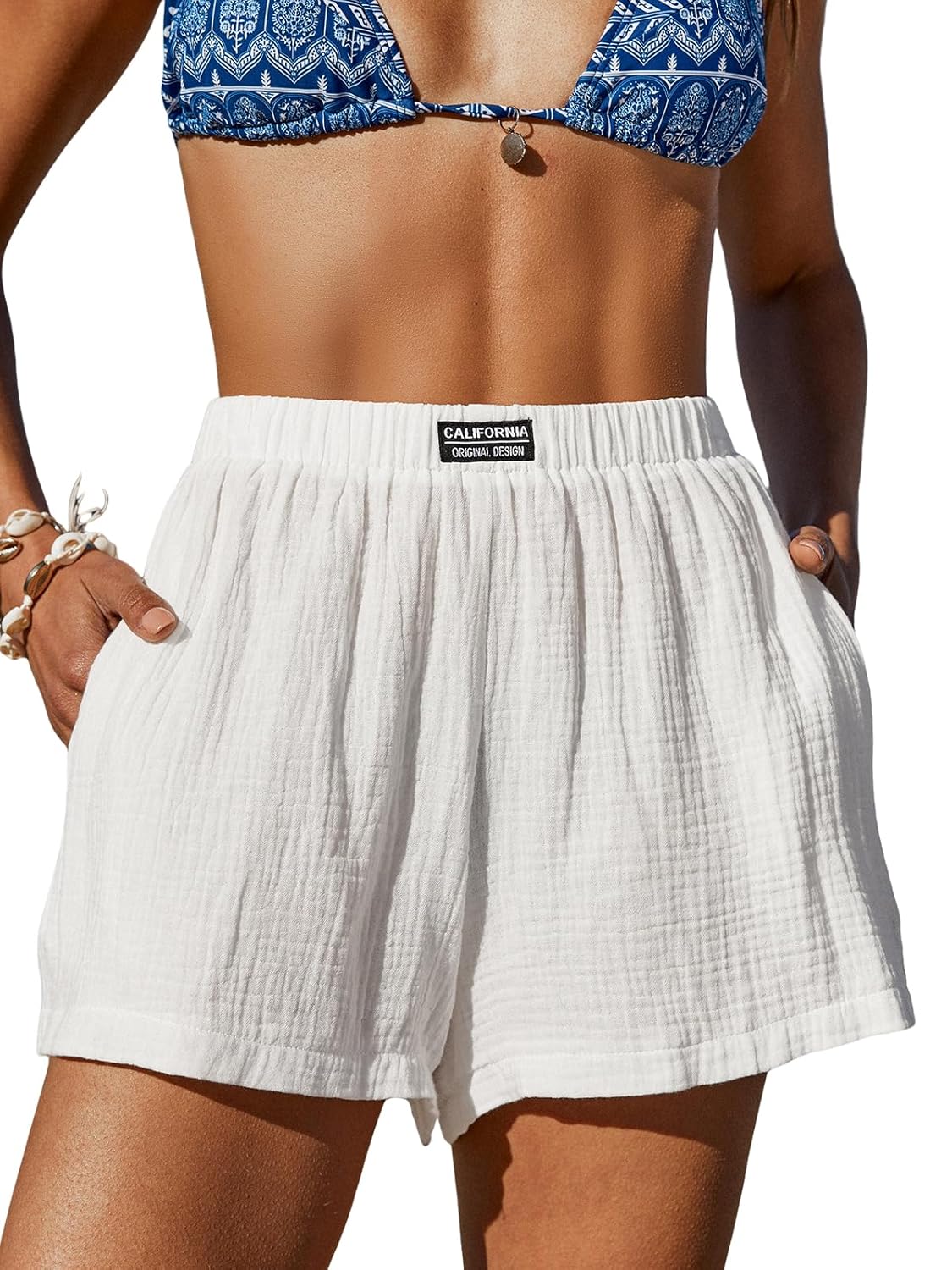 CUPSHE Womens Casual Shorts Cotton High Rise Beach Cover Ups Summer Shorts with Pockets