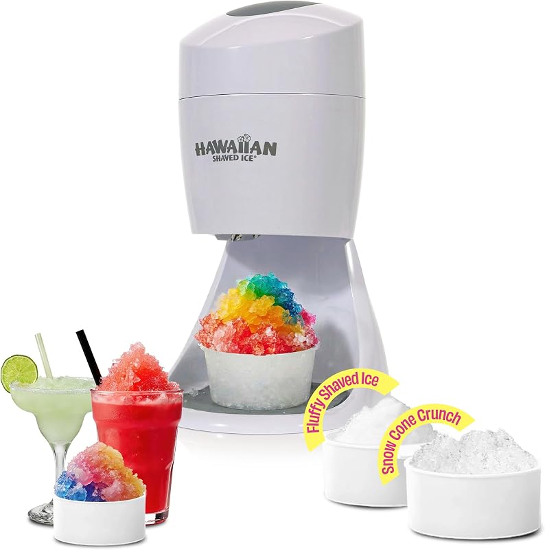 Hawaiian Shaved Ice S900A Snow Cone and Shaved Ice Machine with 2 Reusable Plastic Ice Mold Cups, Non-slip Mat, Instruction Manual, 1-year Manufacturer’s Warranty, 120V, White | Electric Snowcone, Icy Drinks and Slushie Maker with 2 Reusable Cups, 120V