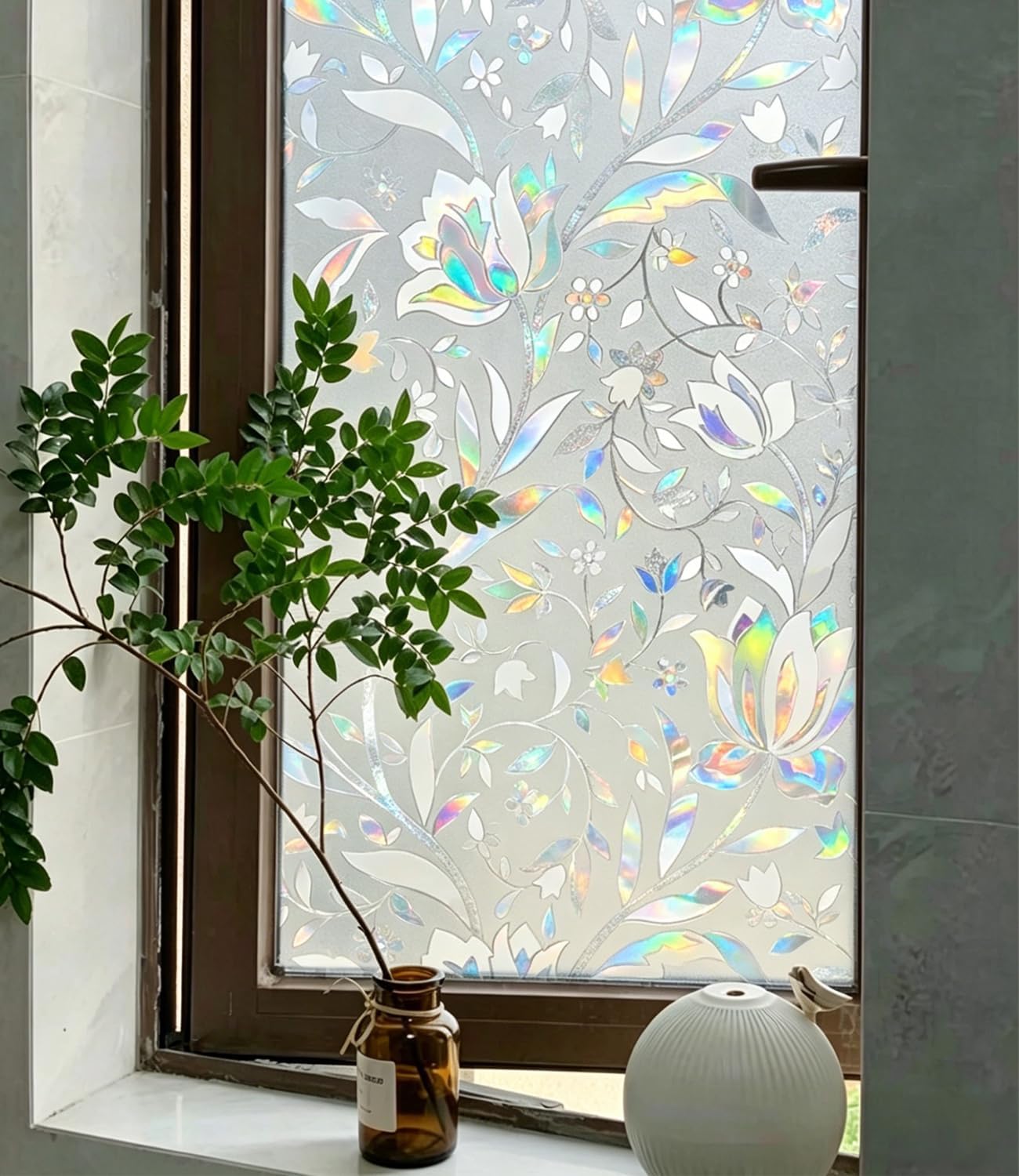 Window Privacy Film, Decorative Stained Glass Window Film, Sun Blocking Glass Clings, 3D Static Cling Frosted Sticker for Home Bathroom Door Coverings, Rainbow Tulip (23.6" x 157.4")