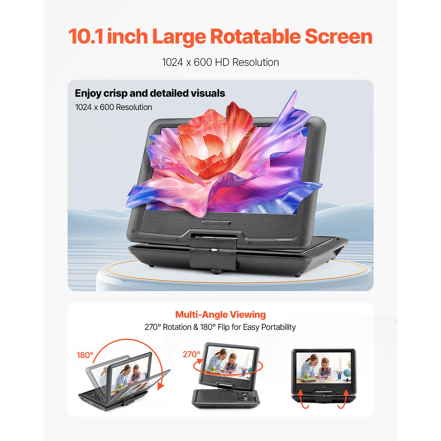 Happybuy Portable DVD Player - A Compact Entertainment Powerhouse! This 10.1 - inch Wonder Features an HD Swivel Display Screen. with a 4 - Hour Built - in Rechargeable Battery, Dual Speakers