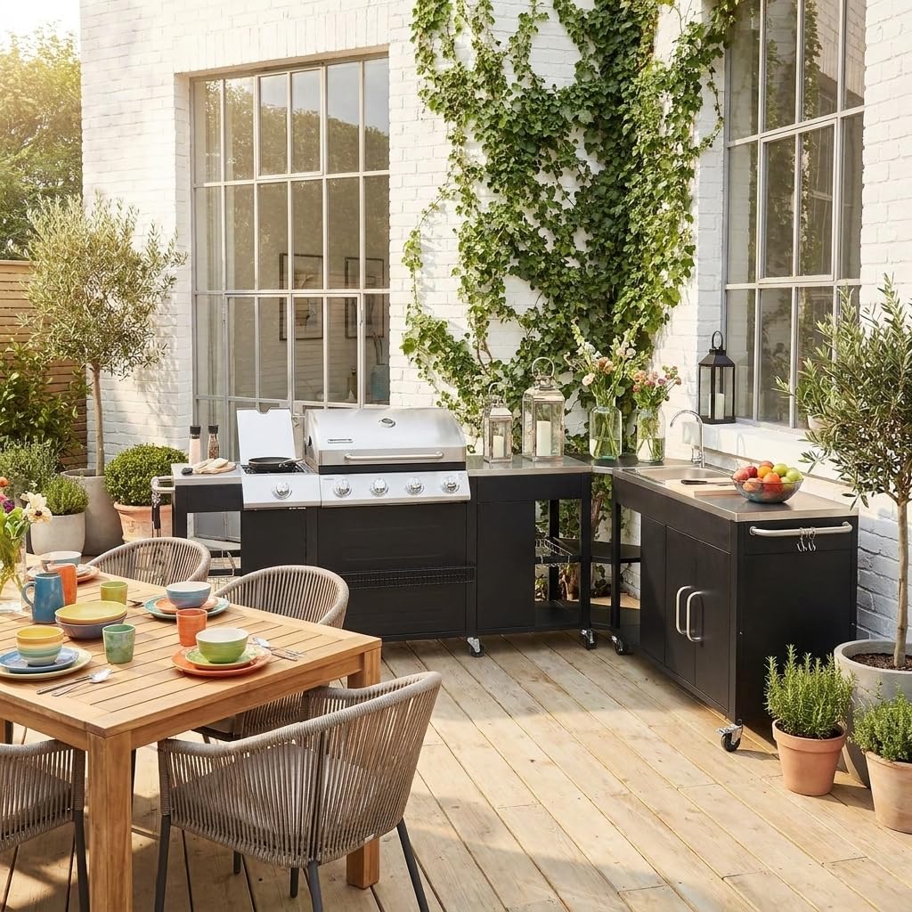 Alice's Garden - Barbacoa de gas, cocina de exterior - Rochefort - Barbacoa de 5 quemadores con fregadero, tabla de cortar, utensilios, superficie de trabajo y termómetro