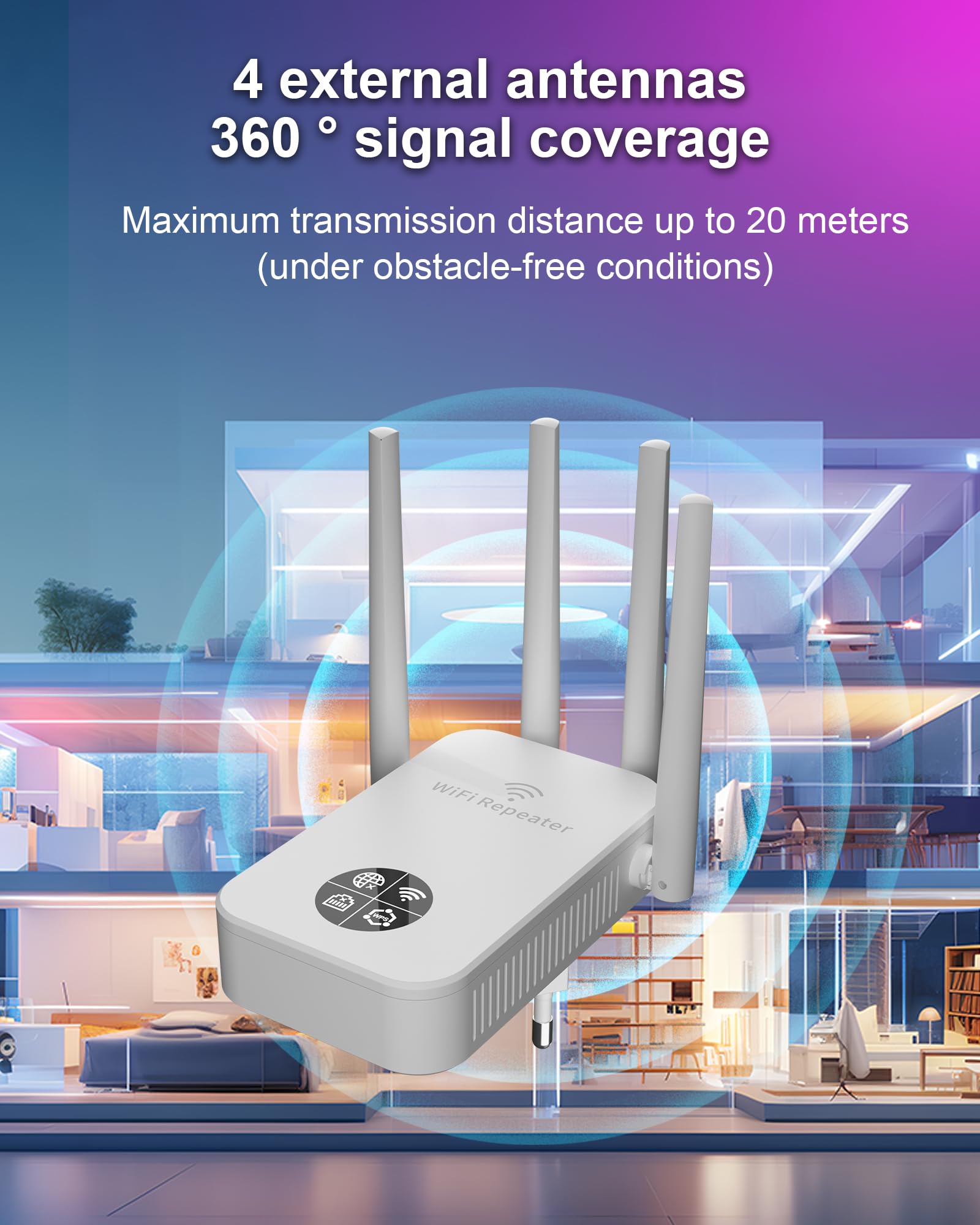 Wzmacniacz Wi-Fi 1200 Mbit/s wzmacniacz WLAN, 5 GHz i 2,4 GHz, podwójny wzmacniacz WiFi z WPS, WiFi Internet Booster, kompatybilny ze wszystkimi urządzeniami Wi-Fi