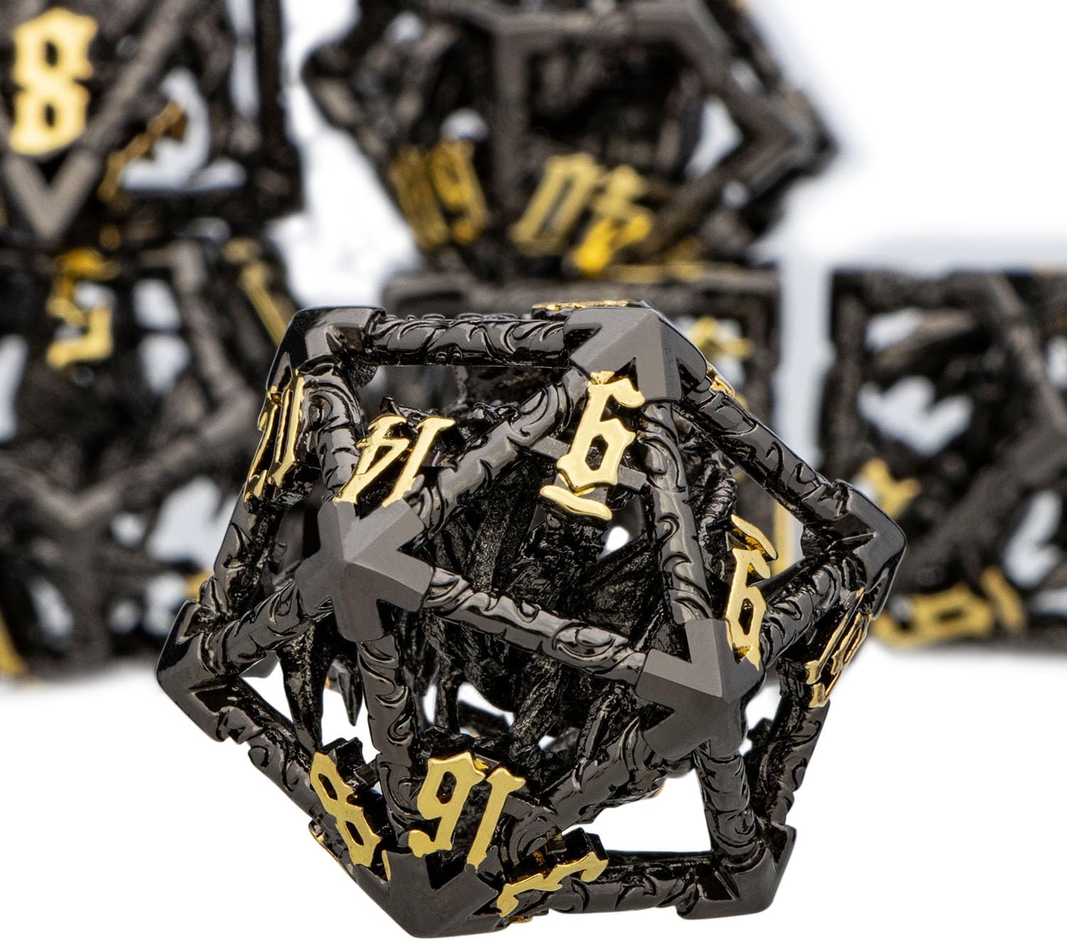 ARUOHHA Hollow DND Dice Set Black Gold 5-Headed Dragons D and D Dice with Gift Box, RPG Role Playing Games 7PCS Metal Dungeons Polyhedral Dice Set D20 D12 D6