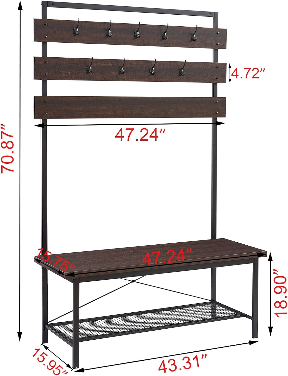 FELLYTN Industrial Hall Tree for Entryway, Wood and Metal Coat Rack with Shoe Bench, Storage Shelf Organizer Accent Furniture with Metal Frame, 71 Inch: Home Improvement
