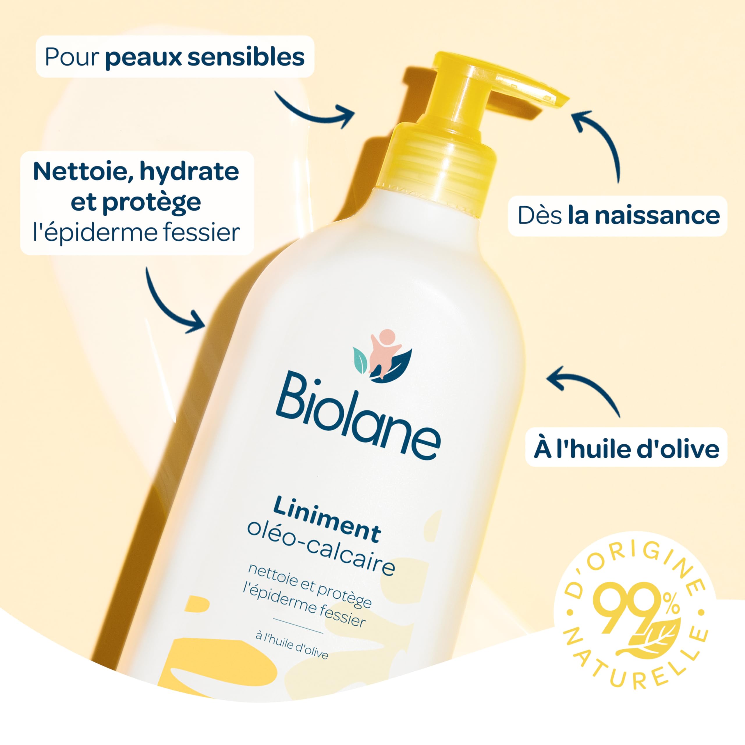 BIOLANE – Liniment oleo calcaire Bébé – Nettoyant sans rinçage – 99% Origine naturelle – Peaux Sensibles - Nettoie et protège le siège du bébé – 700ml – Fabriqué en France - 3
