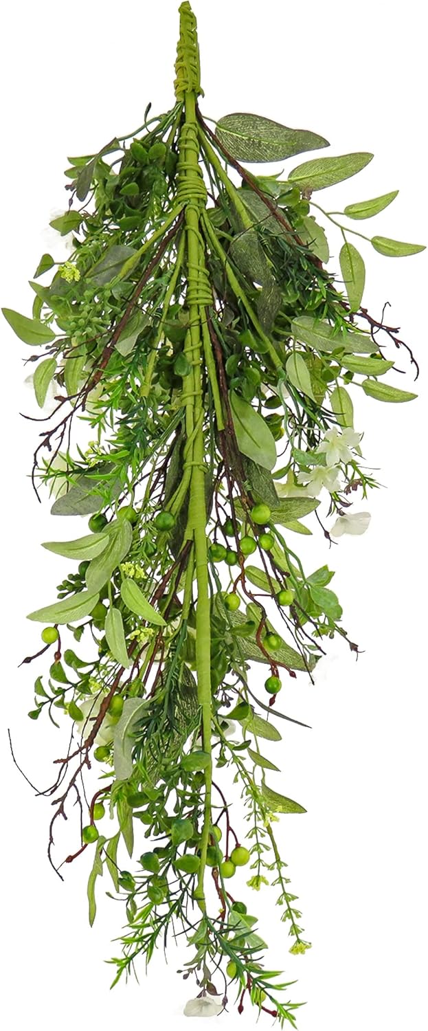 National Tree Company Artificial Spring Teardrop Hanging Decoration, Vine Stem Base, Decorated with Flower Blooms, Berries, Leafy Greens, Spring Collection, 28 Inches