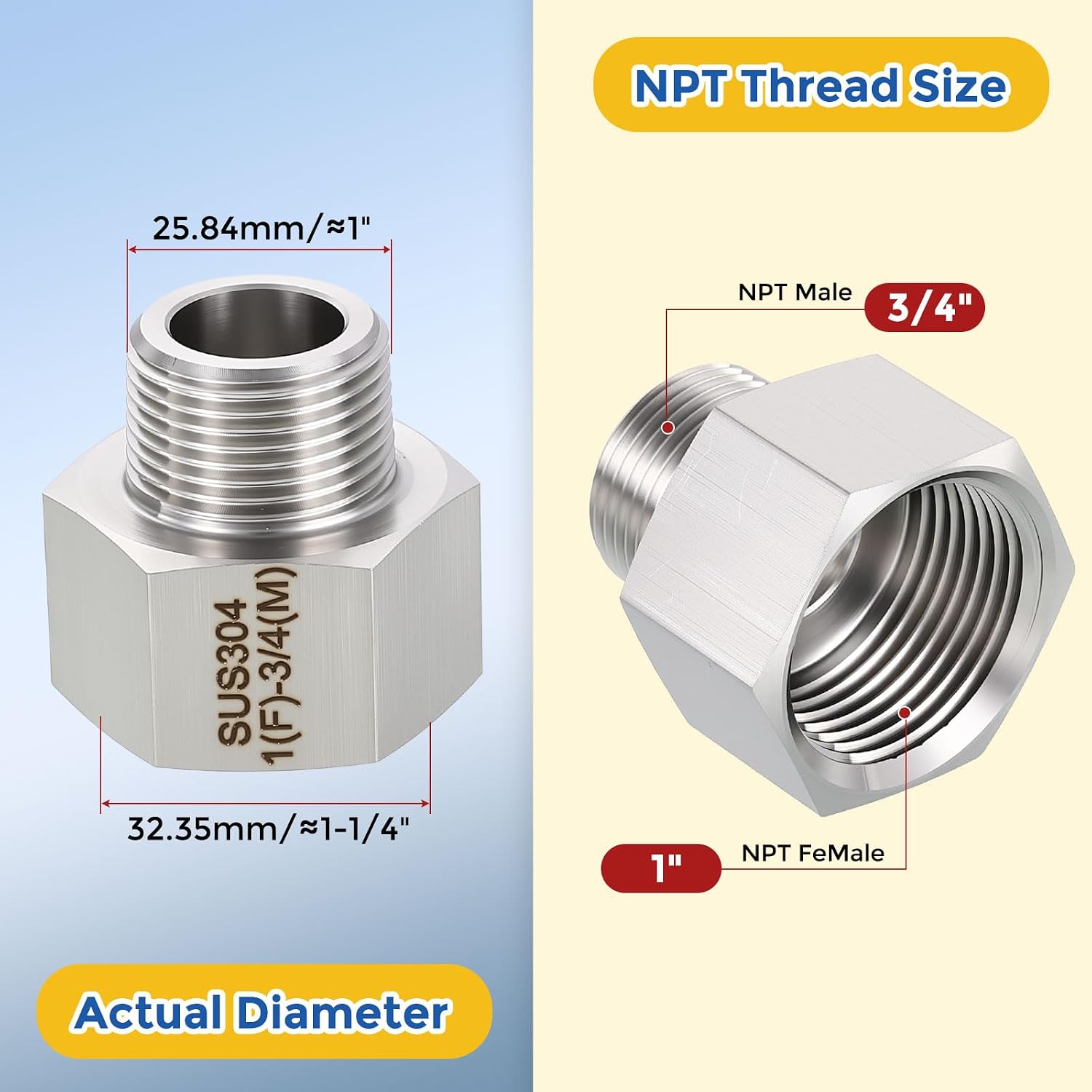 1 Pack 304 Stainless Steel Pipe Fittings, 1" FeMale NPT to 3/4" Male NPT Pipe Extension Connectors, Reducing Adapters for Air, Oil, LP, Gas, Water