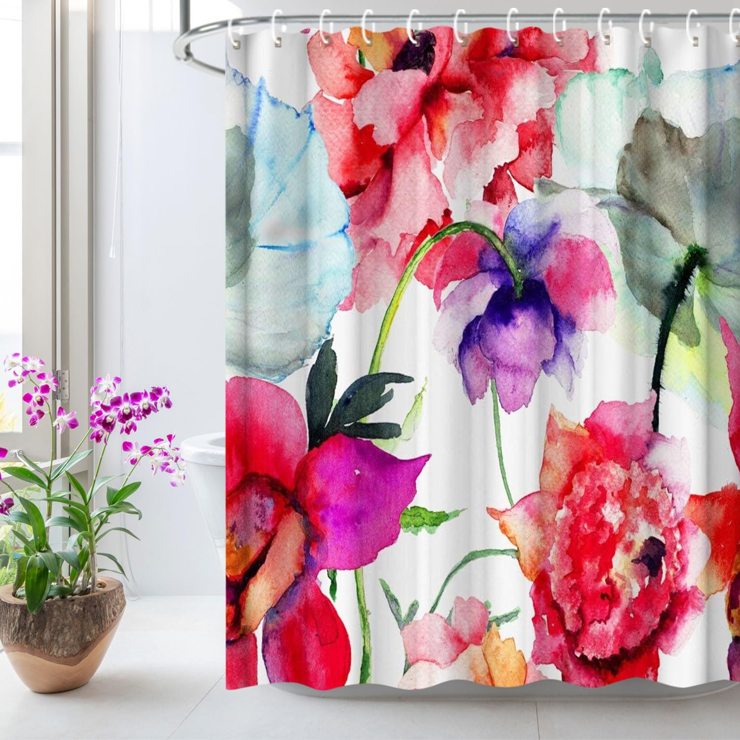 Fangkun Duschvorhang Set 'Sakura' – Japanisches Kirschblüten-Motiv | 183x183 Cm Polyester | Inkl. 12 Haken
