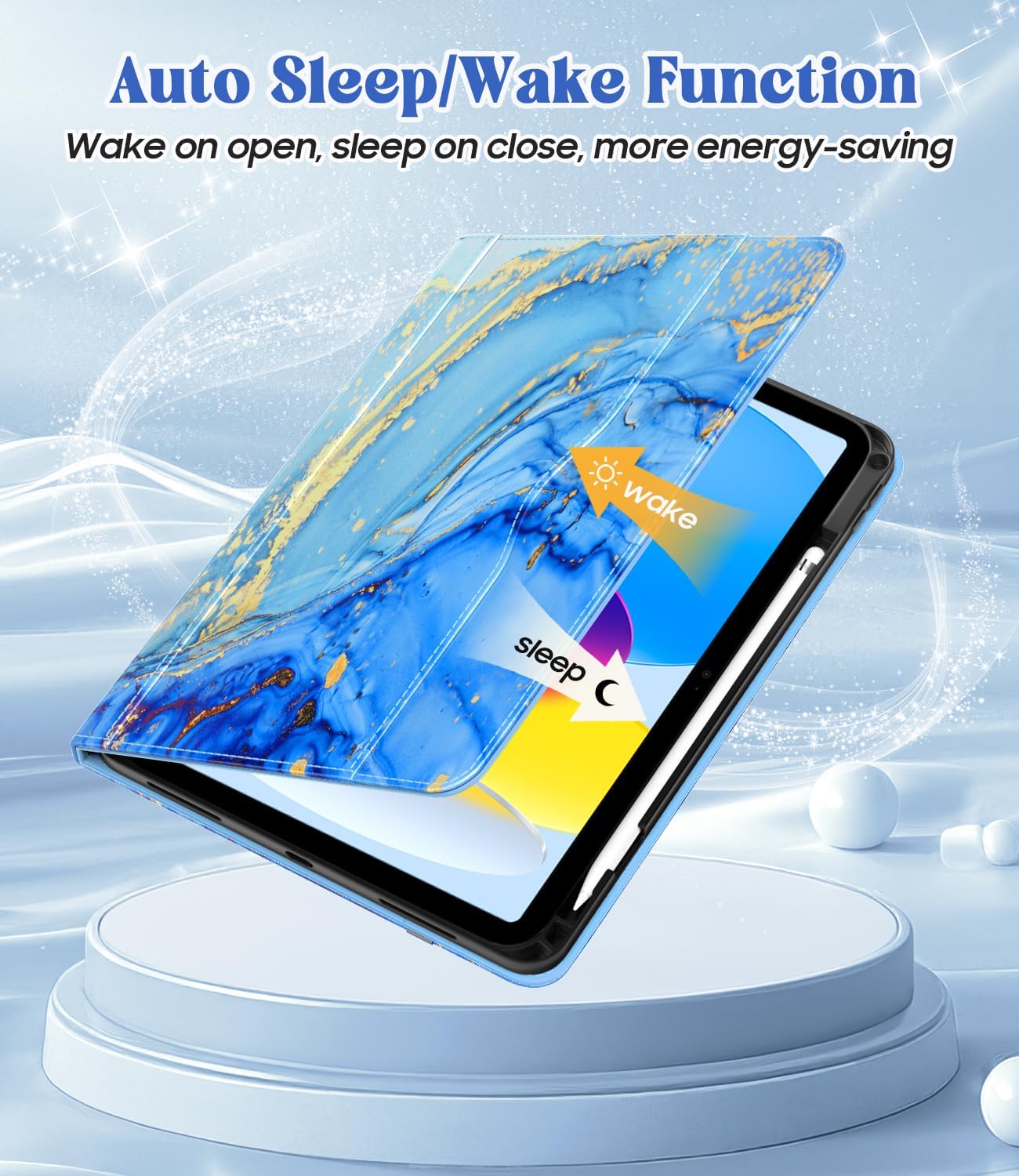 Case for iPad 11 inch (A16) 2025, for 10th Generation 10.9'' 2022, Leather iPad 11th/10 th Gen Protective Cover with Auto Sleep/Wake, Pencil Holder, Pocket Design for Women Men, Marble Blue - Image 4