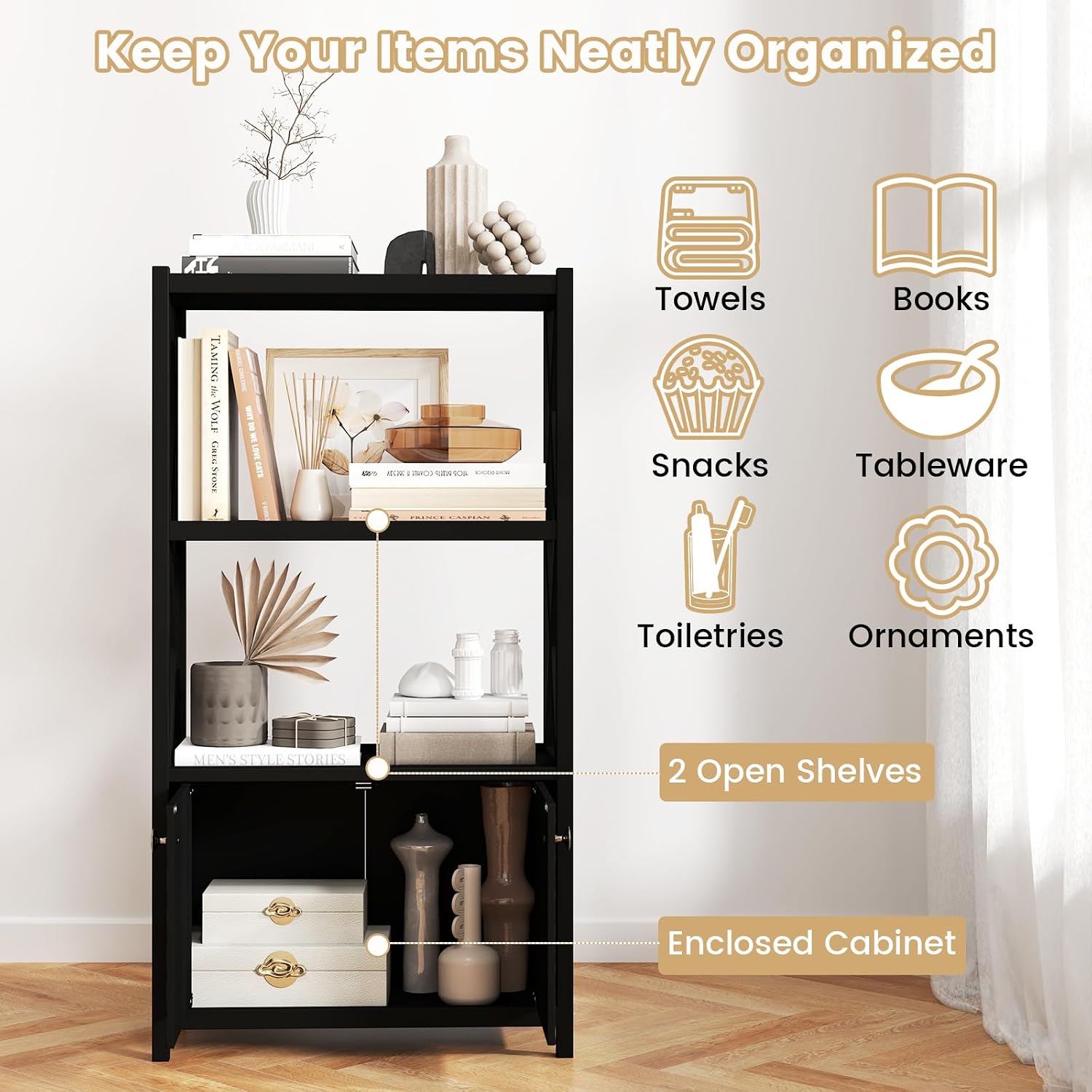 LOKO Bathroom Floor Cabinet, Modern Storage Cabinet with 2 Doors & Open Shelves, Anti-toppling Design & Rubber Wood Frame, Freestanding Storage Organizer for Living Room, Kitchen, Entryway (Black)