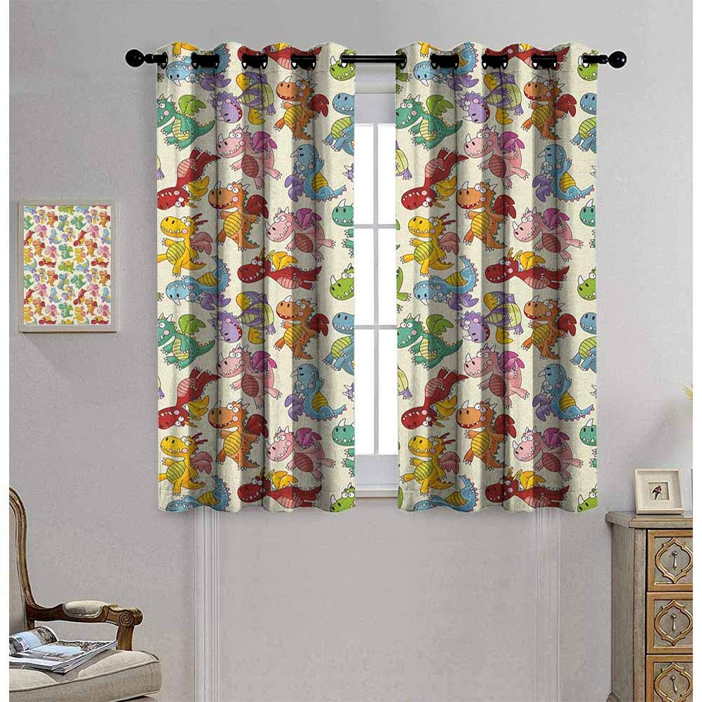 Ahuimin Children Room Darkening Window Curtains, Baby Loving Cute Dangerous Happy Dinasours in Rainbow Colored Nursery Kids Print, Drapes for Living Room Bedroom, W55 x L72 inch, Multicolor
