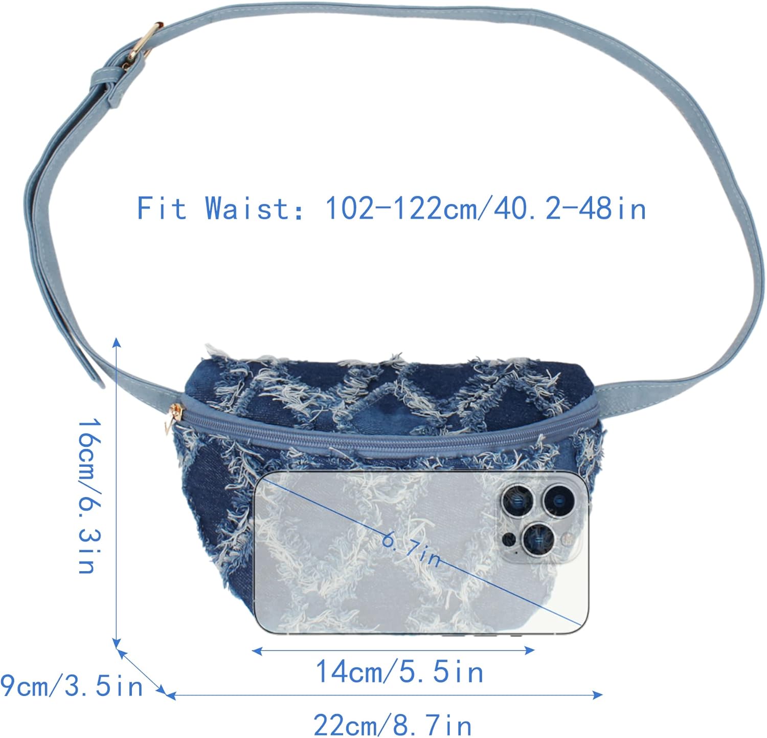 Minache Women Girls Leather Fanny Pack Glitter Rhinestone Tassel Crossbody Shoulder Bag Rivet Chest Bag Fashion Waist Bag (A-Denim), bb-05942AD