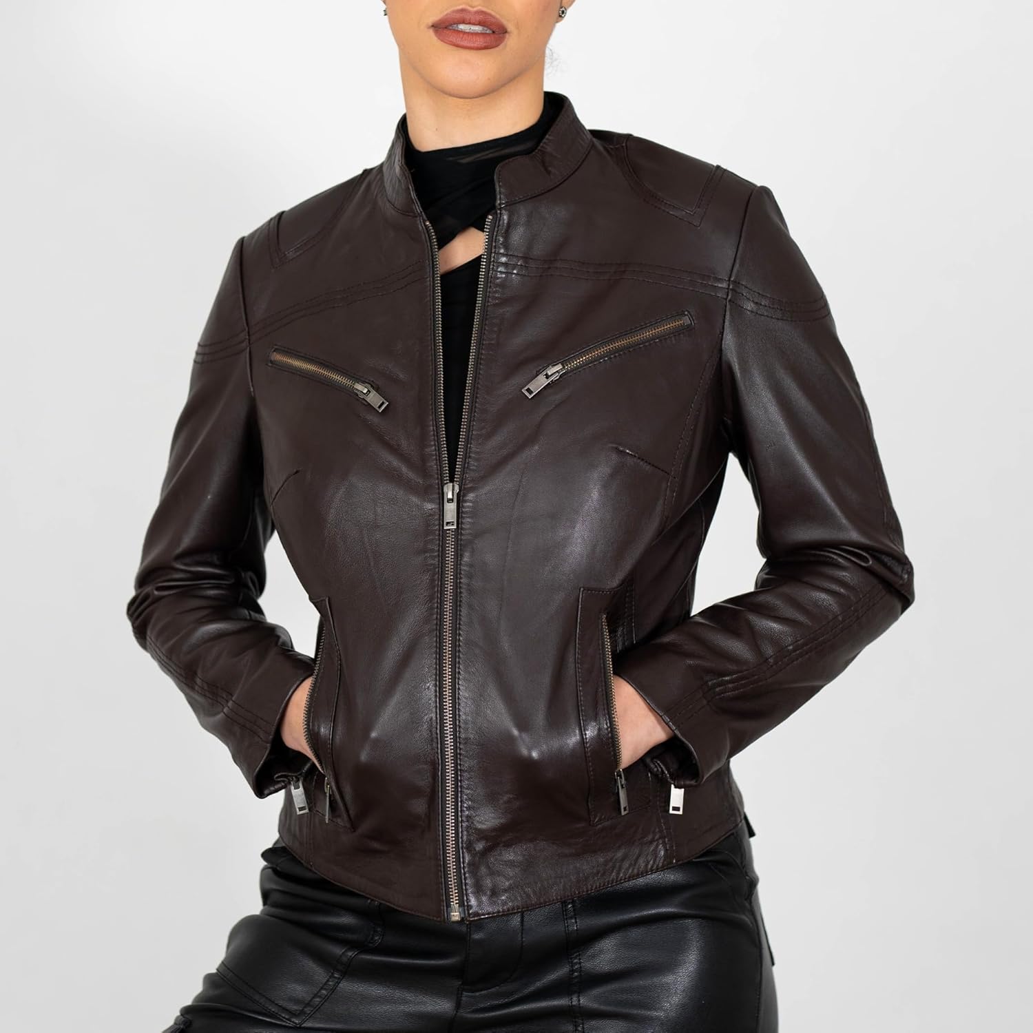 BRICK LANE Mandarin Collar Fitted Leather Jacket for Women | Genuine Lamb Nappa Leather Jacket with Zip Pockets - Image 2