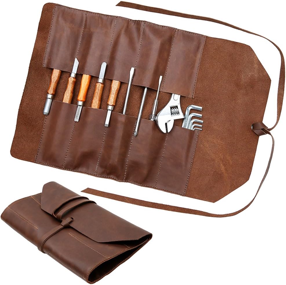 Handmade Leather Roll Tools Bag - 10 Waterproof Pockets