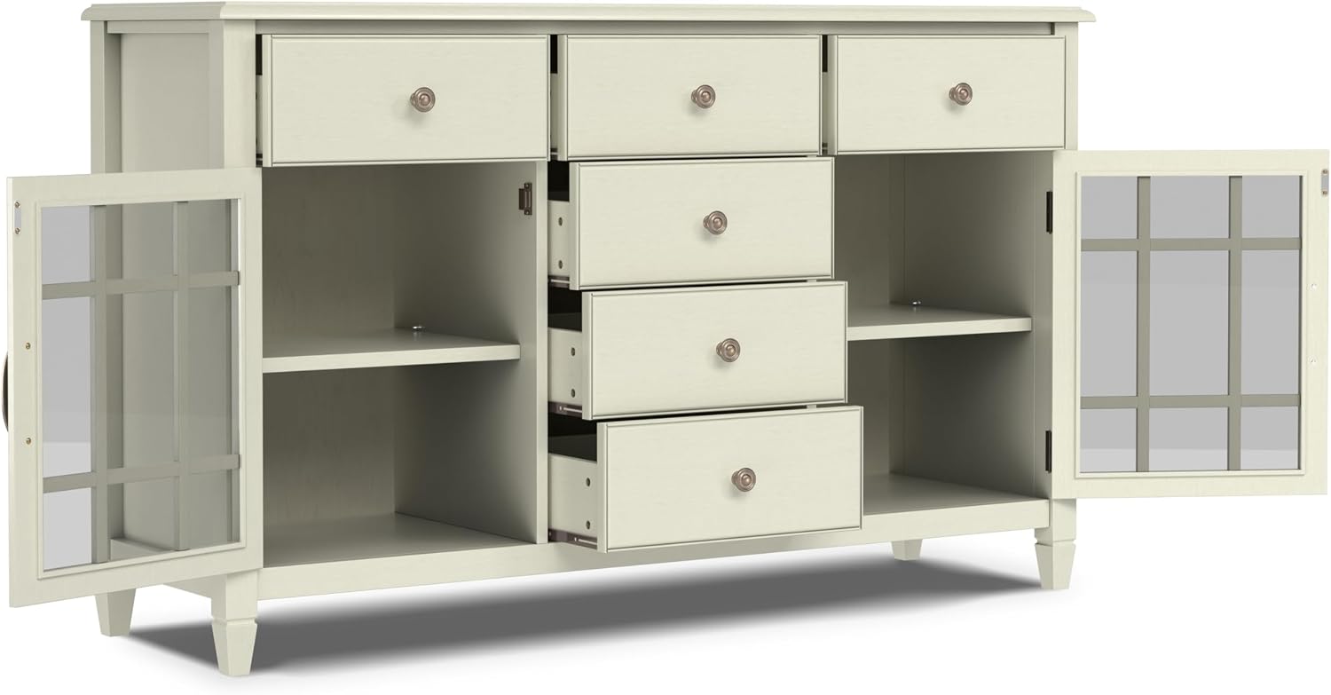 SIMPLIHOME Connaught Buffet - 60 inch Wide Solid Wood 3-Door Sideboard Buffet in Antique White, Traditional Storage Cabinet for Dining Room or Kitchen with Adjustable Shelves and Classic Molding