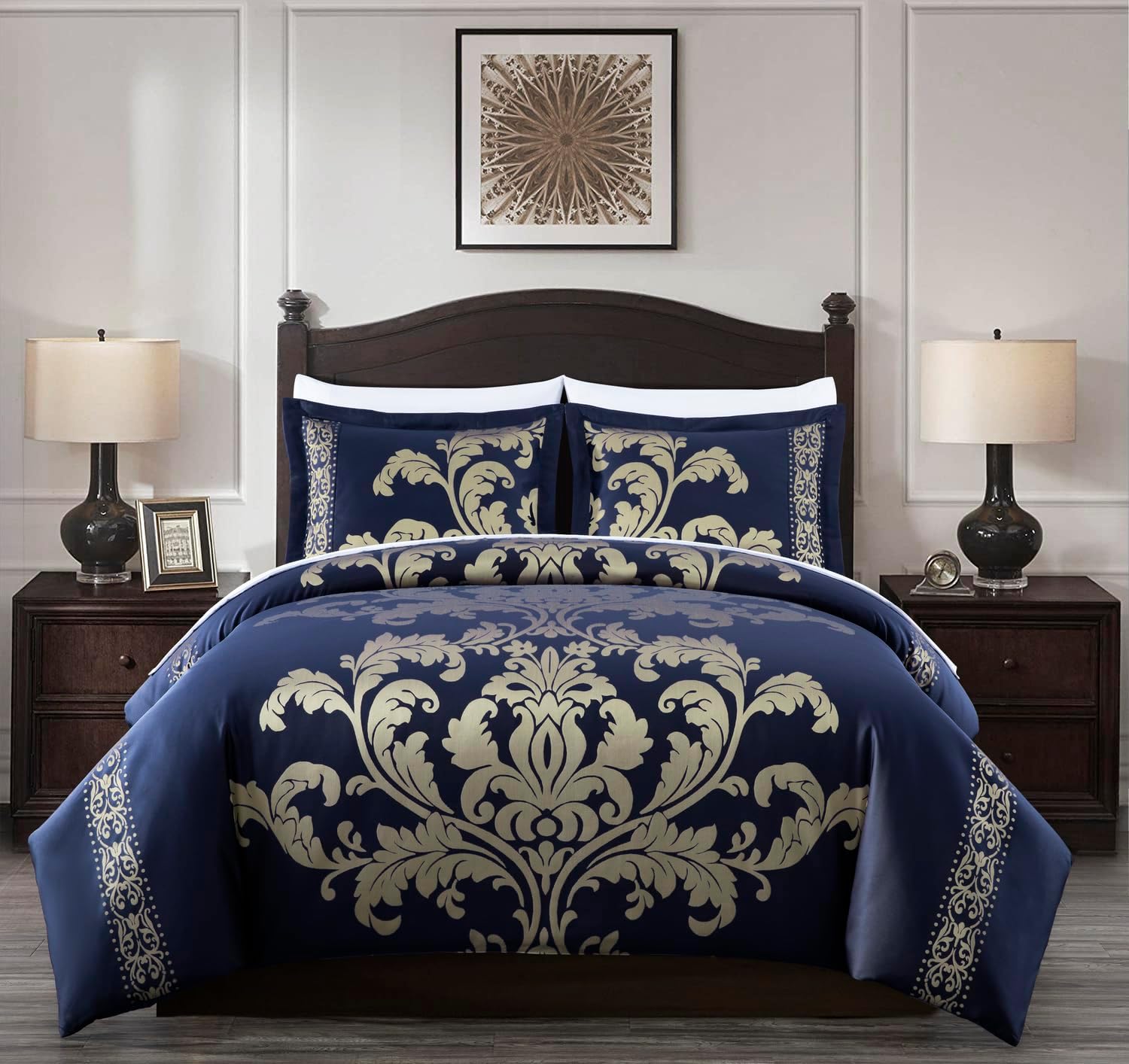 Chezmoi Collection Valor 7-Piece Bed in a Bag King, Navy/Gold Luxury Jacquard Floral Comforter with Sheets Set for All Season King Navy/Gold