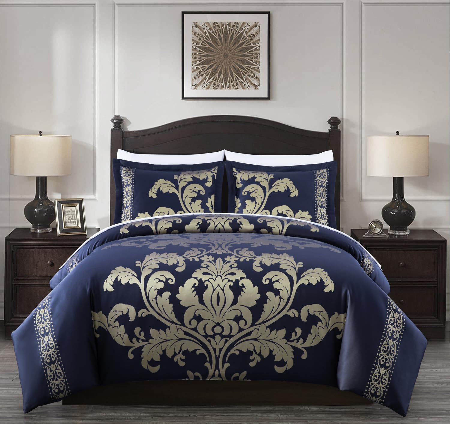 Chezmoi Collection Valor 7-Piece King Bed in a Bag, Navy/Gold Luxury Jacquard Floral Comforter with Sheets Set for All Season