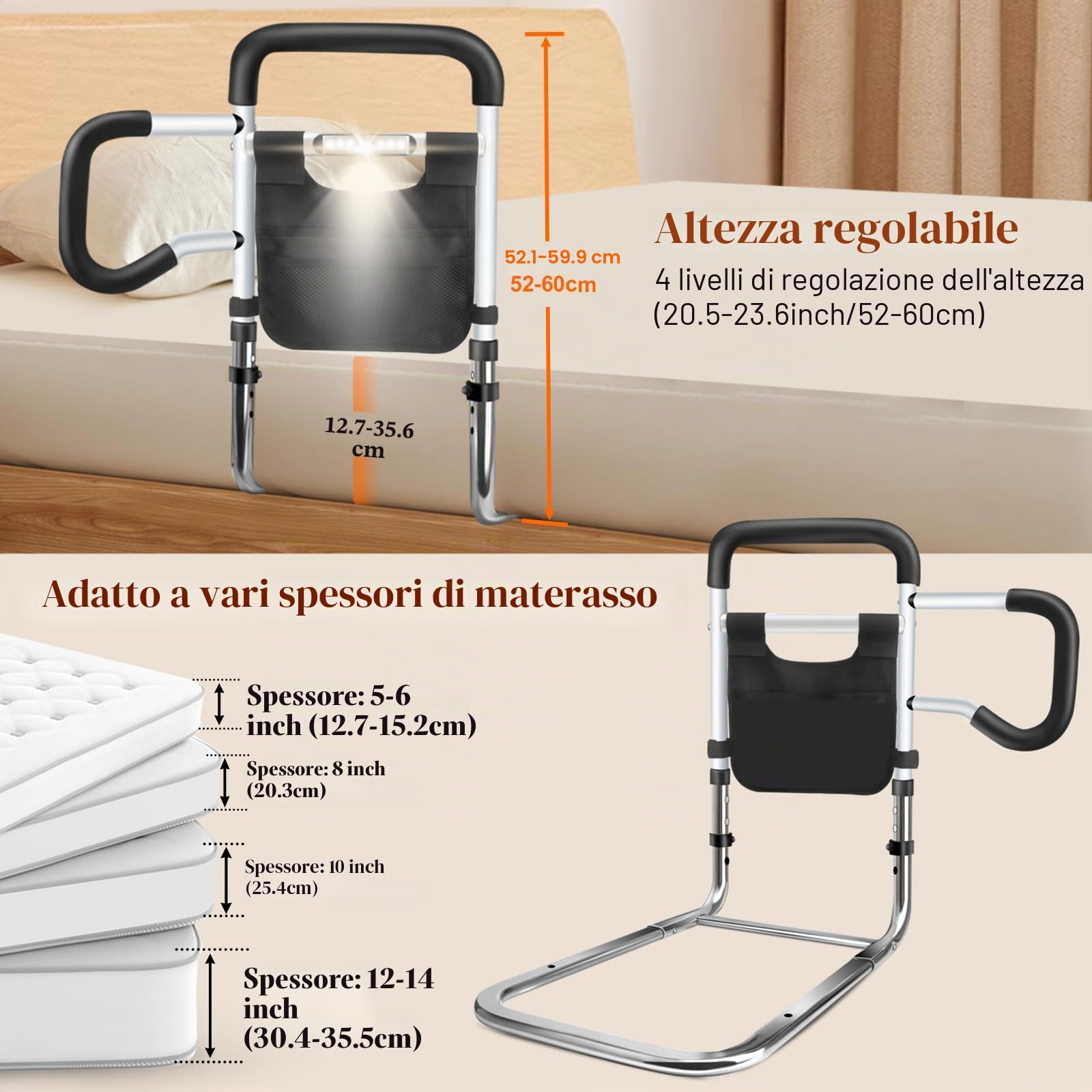 DePango Sponde per letto di sicurezza per anziani, altezza regolabile, con luce di movimento notturna, per anziani, in acciaio al carbonio, per letto matrimoniale king size (in attesa di brevetto)