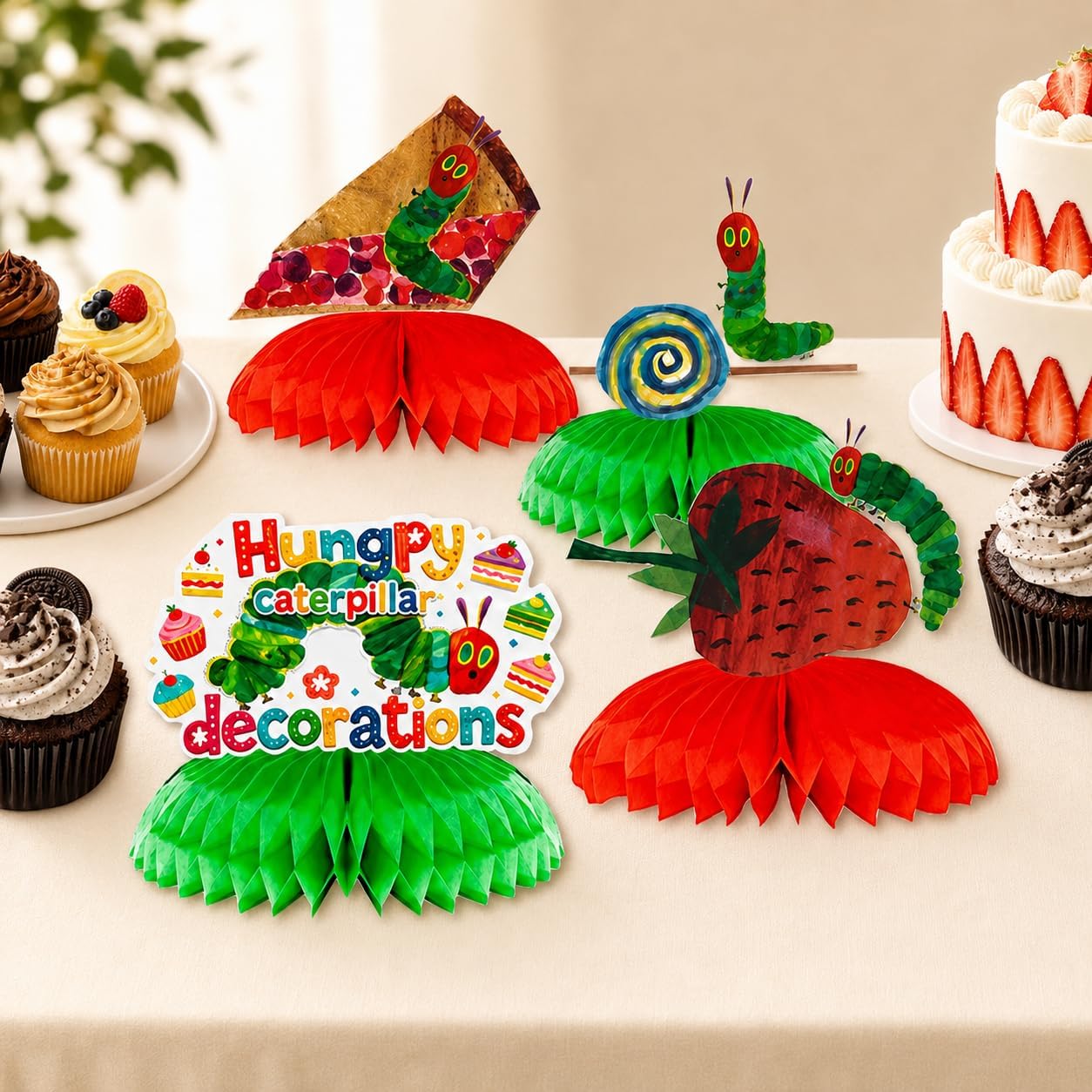 9 Pcs Hungry Caterpillar Honeycomb Centerpieces, 3D Double-Sided Table Decorations and Photo Booth Props, for Caterpillar Birthday Party Supplies, Spring Garden Theme Celebration Tabletop Decor