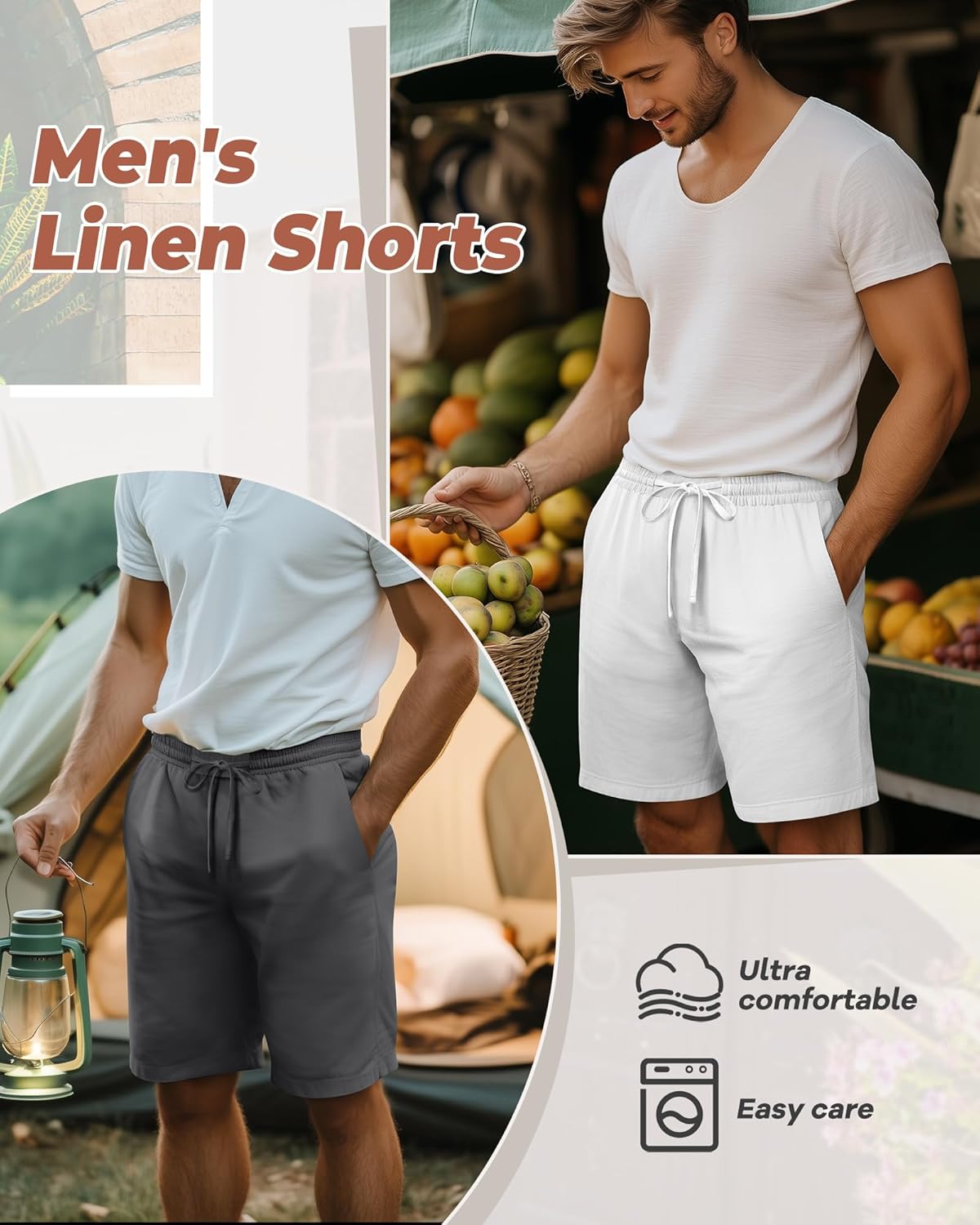 Neer 3 Pack Men's Cotton Linen Shorts Elastic Waist Drawstring Bermuda Shorts Summer Knee Length Beach Short with Pocket - Image 5