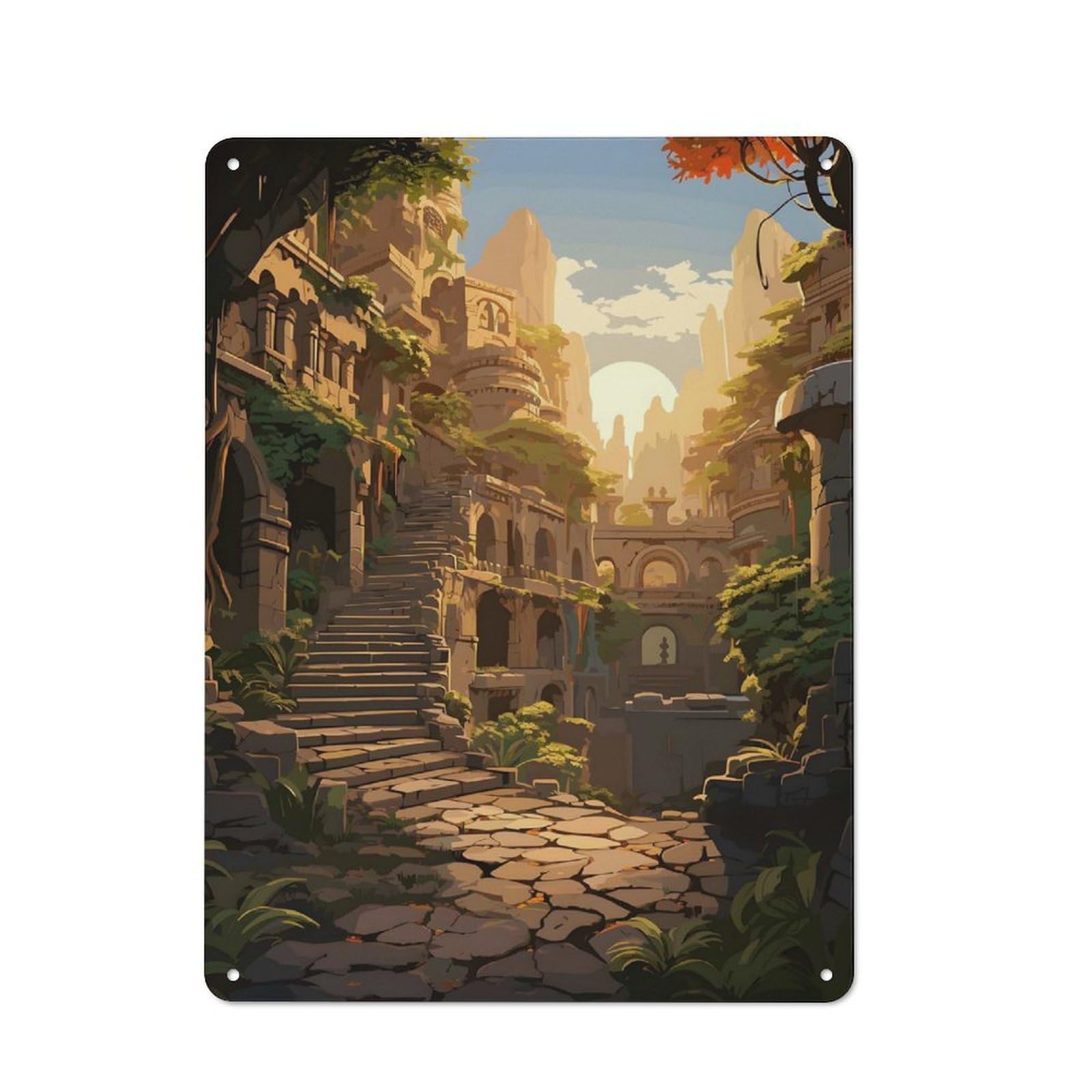 Junmoney Style-12 Rustic Metal Sign 40X30cm Featuring Ancient Temple For Hallway Wall, A Decorative Gift For A Newly Furnished Hallway