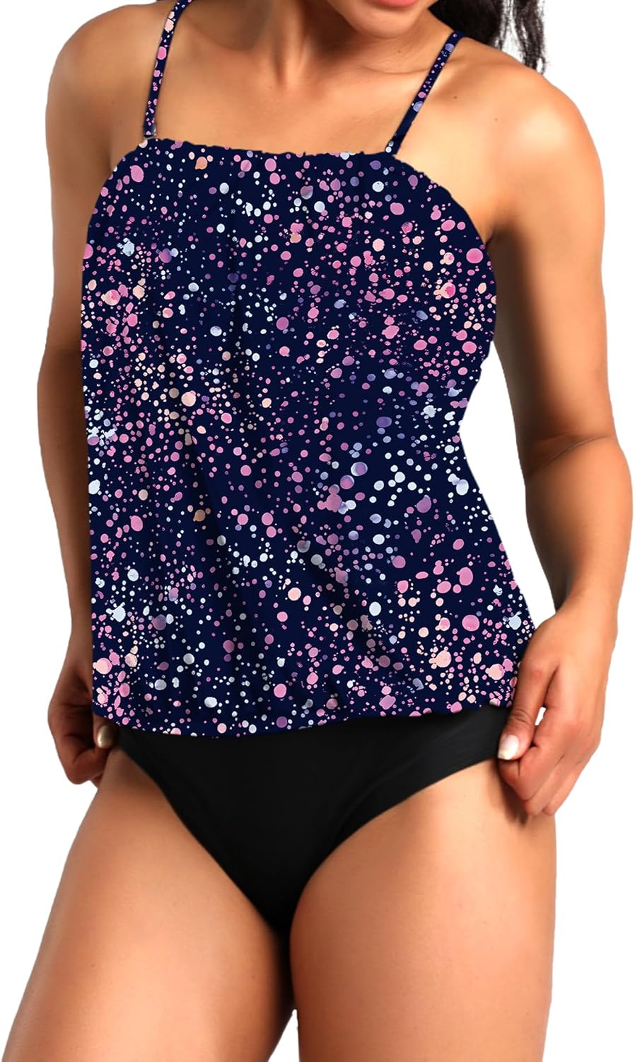 Two Piece Bandeau Tankini Swimsuits for Women Loose Blouson Swim Top with Bikini Bottom Tummy Control Bathing Suits