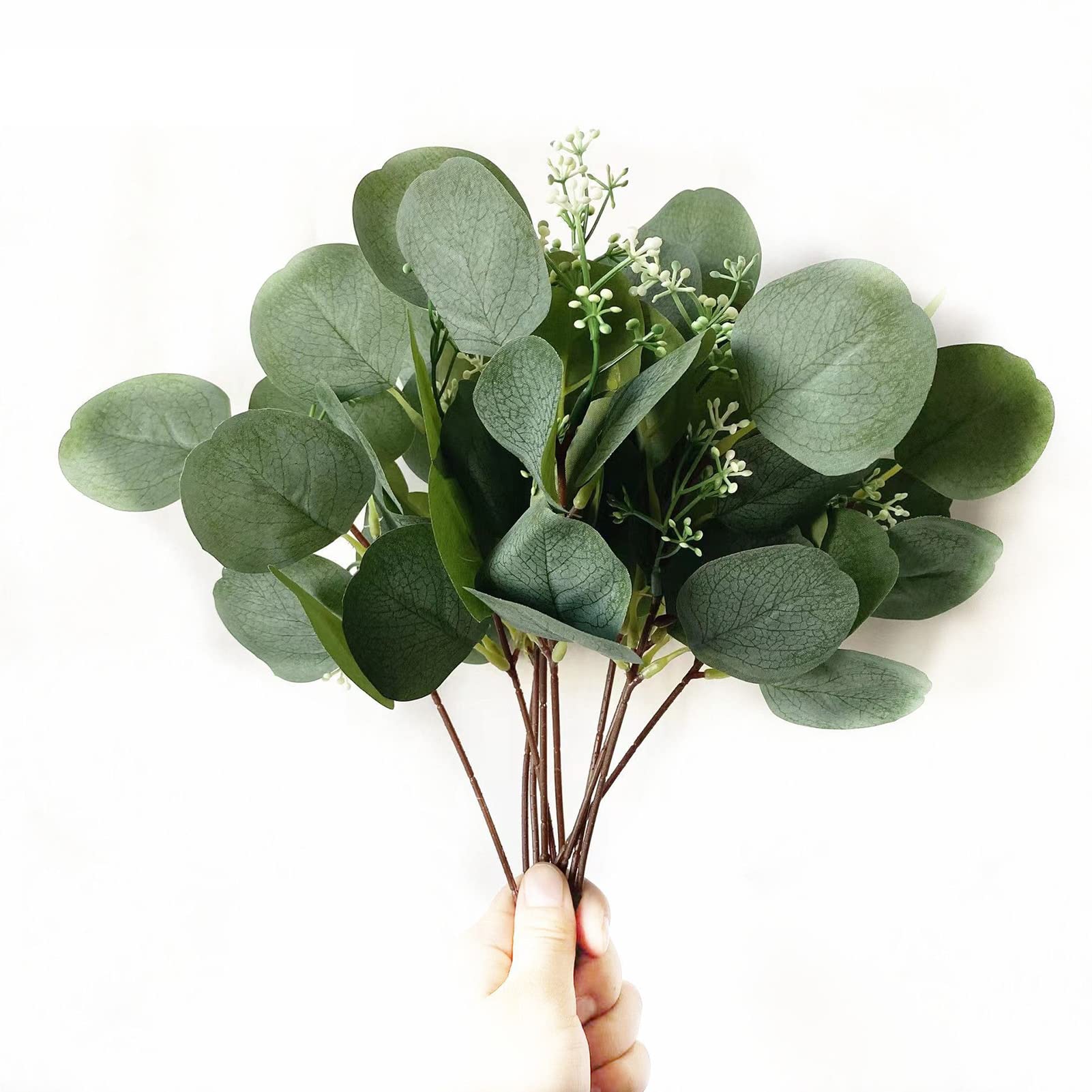 Kuuleyn Künstliches Eukalyptusblatt, 24 Stück Künstliche Eukalyptus-Stammzweige, Rundes Eukalyptusblatt Mit Weißem Blumendekor, Künstliche