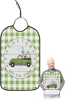 Funny Adult Bibs for Eating, Easter on the Farm Green and White Truck Pull Cute Gnome and Egg Waterproof Clothing Protector Washable Adult Bib with Crumb Catcher for Men Women Elderl and Seniors