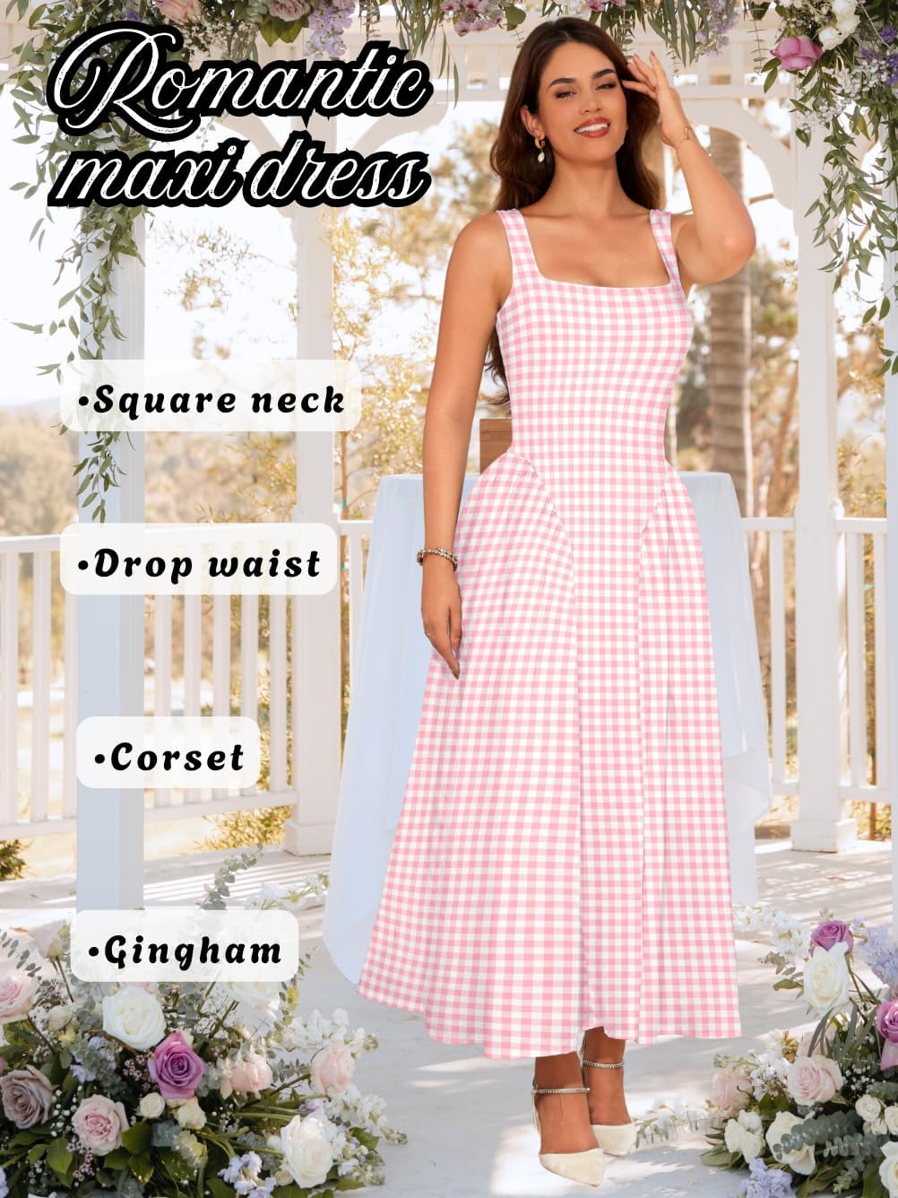 Plaid Maxi Dress, A-Line Drop-Waist, Wedding Guest Tea Party, Pastel Gingham Square Neck Flowy Semi Formal - Image 4