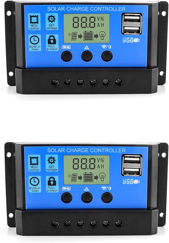QWORK 2db Napelemes Töltésvezérlő 30A 12V/24V USB Porttal és LCD Kijelzővel