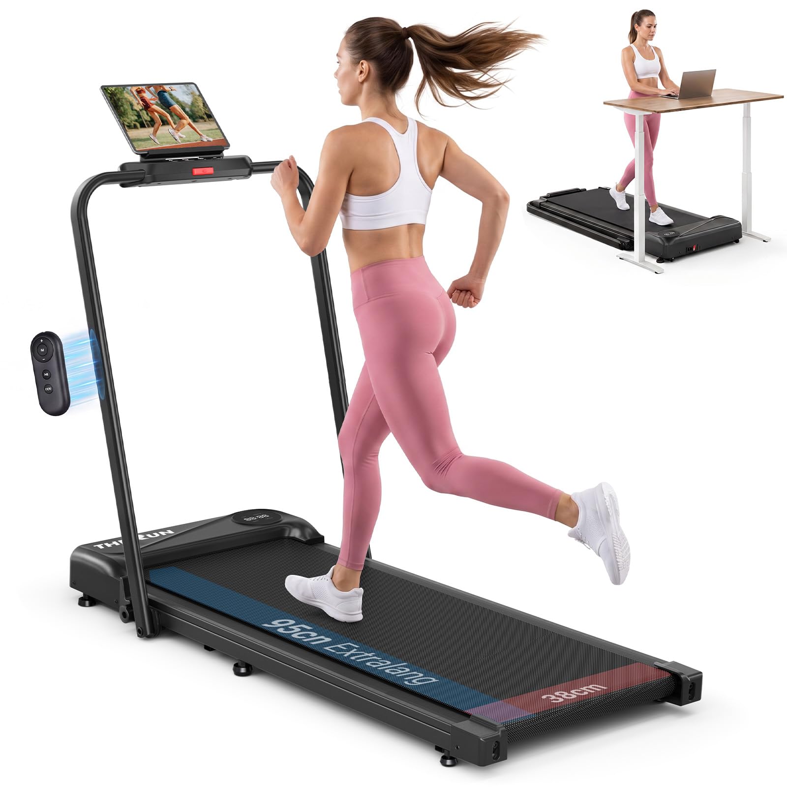THERUN Tapis roulant per casa, pieghevole, Walking Pad silenzioso con corrimano e indicatore LED, Treadmill fino a 10 km/h, doppio assorbimento degli urti, scrivania per casa e ufficio (Nero)