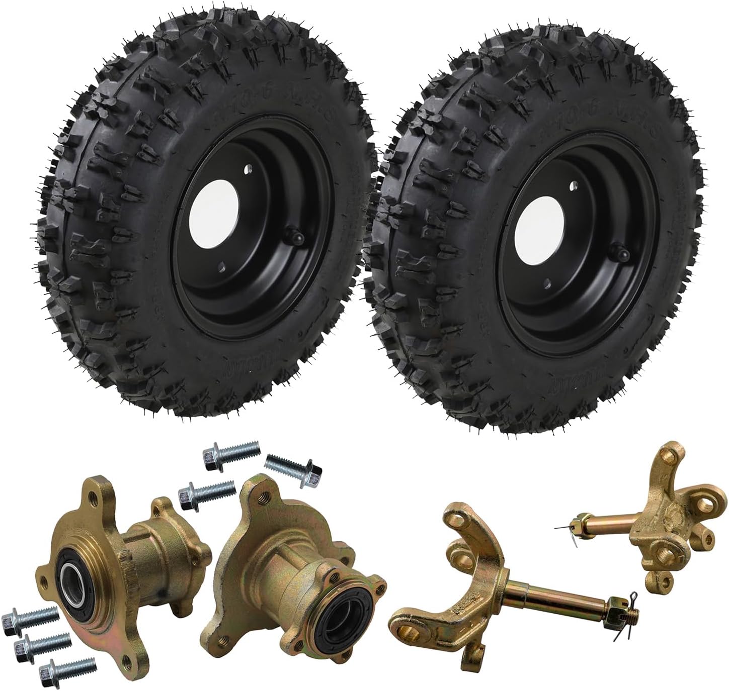 2pcs 4.10-6 Go kart Wheel 6 inch Tire 3 Lug Rim with Front Wheel Hubs and Steering Knuckle Spindles for DIY ATV UTV Drift Trike Golf Cart Quad Buggy Dune Moped 4 Wheeler Tricycle Scooter Mini Bike