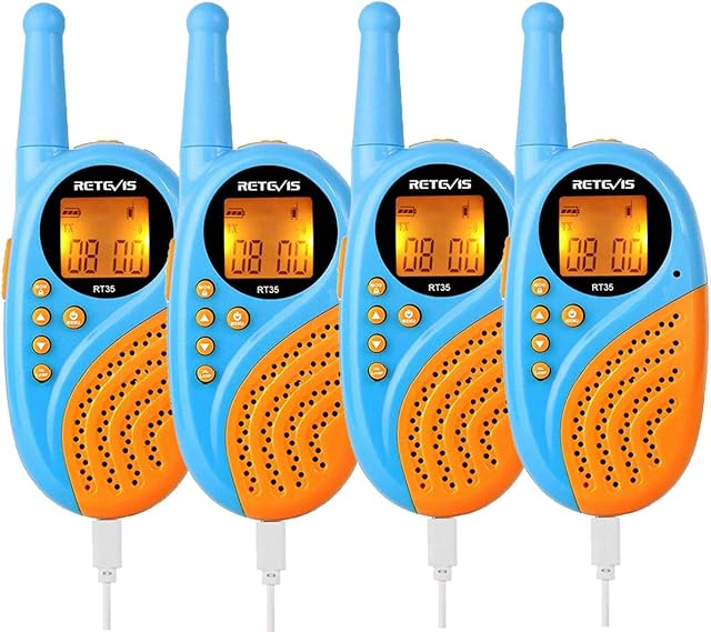 Retevis RT35 Kids Walkie Talkies Rechargeable with Batteries and USB Charging Cable, 8 Channels Flashlight VOX Toys for Camping, Outdoor Adventures, Family Games (Blue,2 Pairs)
