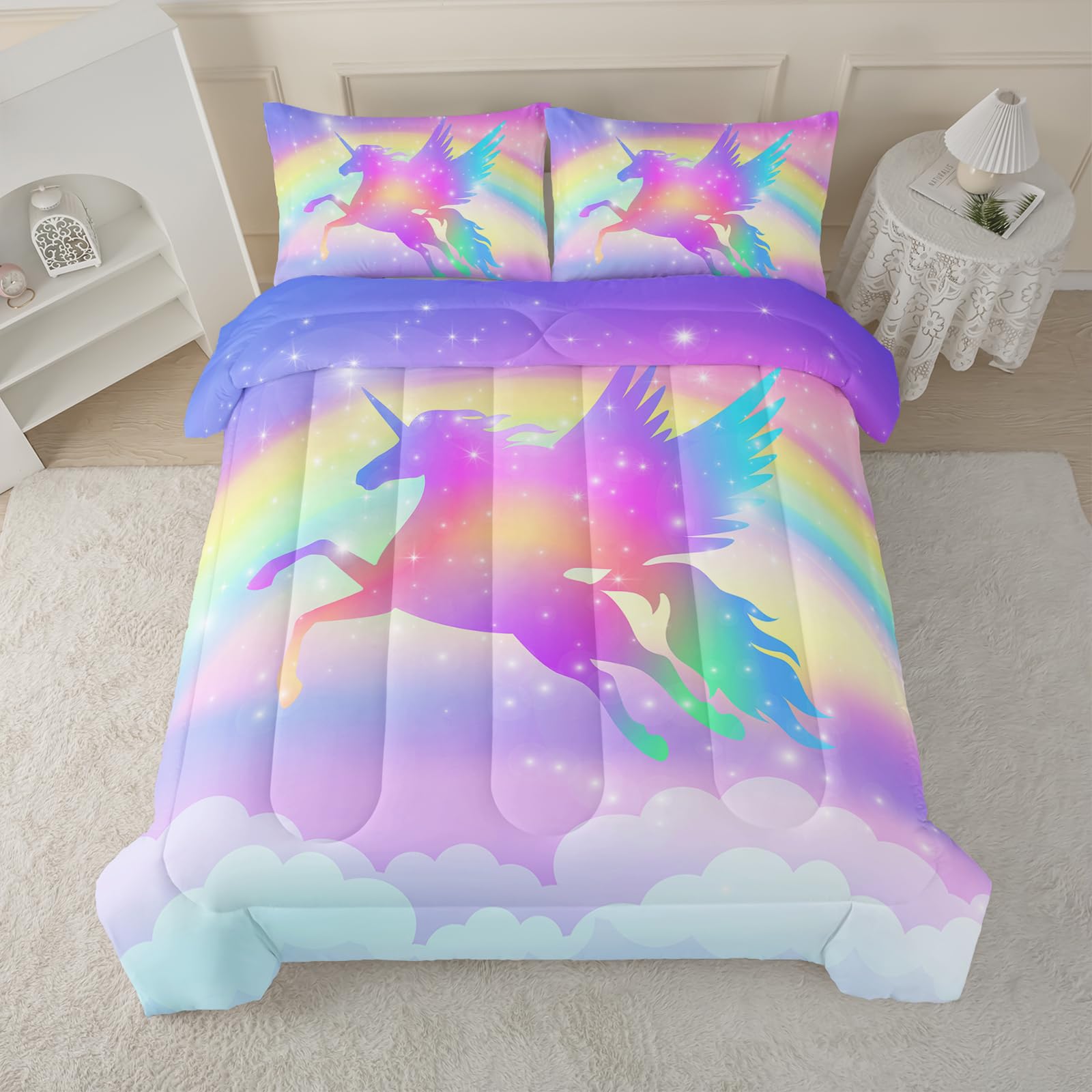 BSNTHO Rainbow Unicorn Comforter Set Full Size,Colorful 3 Piece Bedding Set,Unicorn Comforter with Pillow Shames, for All Seasons, Ultra-Soft, Lightweight, Breathable