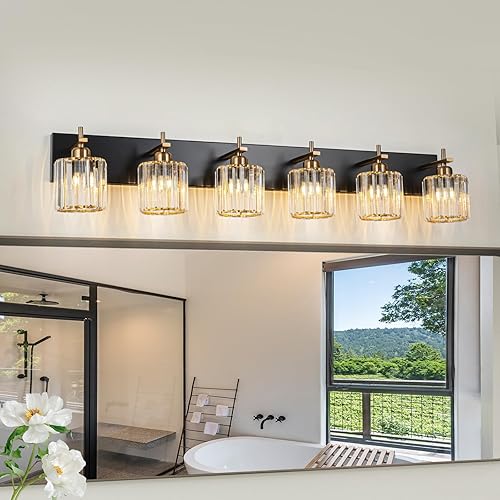 Miniatura 37 de Moderna lámpara de tocador de baño de cristal de 3 luces de latón para pared, sobre espejo, iluminación de tocador negra y dorada para baño, Sombra