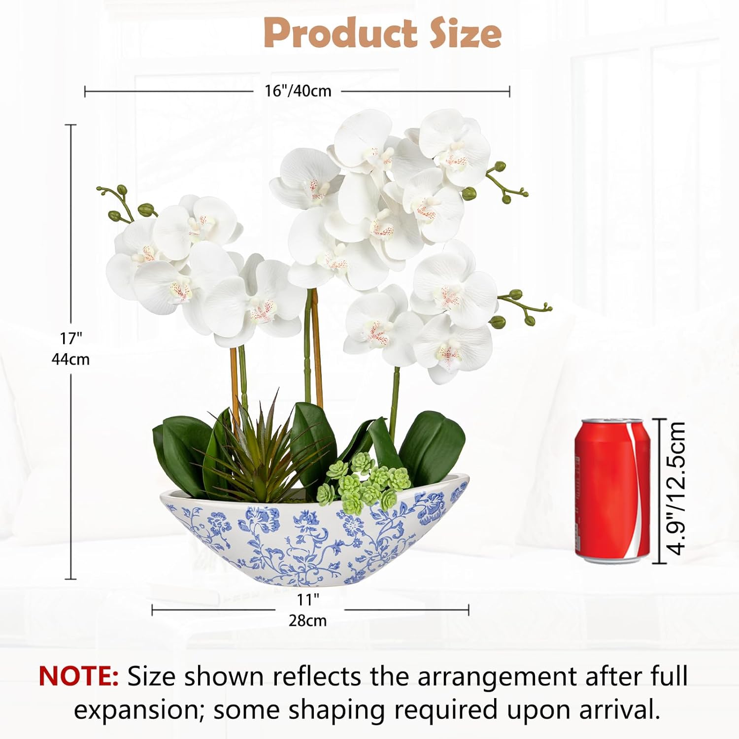 Briful White Orchid Fake Flowers 17in Artificial Orchid Silk Flowers in Blue and White Ceramic Pot Faux Orchid Arrangement for Home Office Bathroom Dining Table Modern Decoration - Image 2