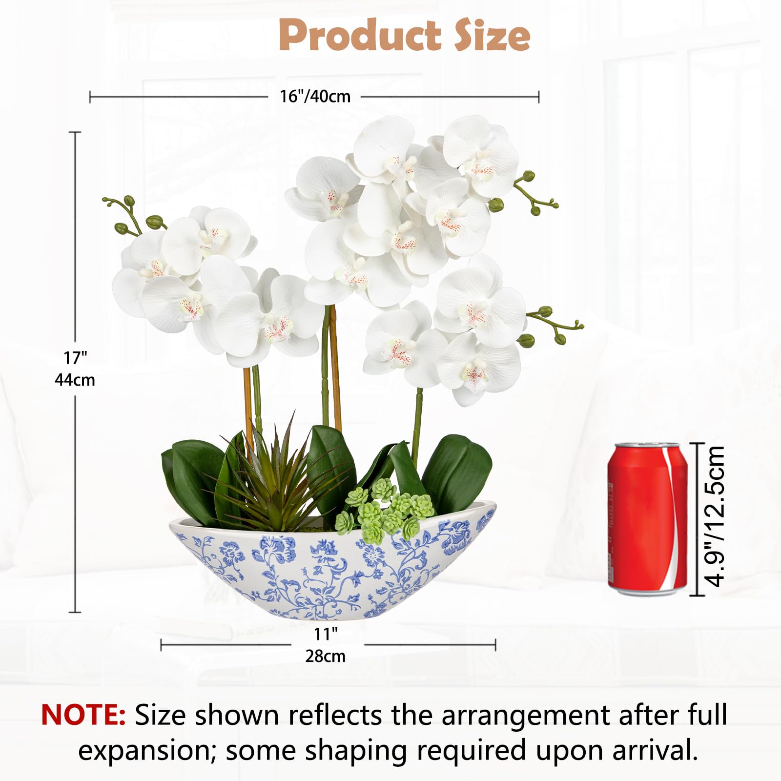 Oairse Kunstpflanze Orchideen Künstliche Deko Blumen Kunstblumen Wie Echt Mit Real-Touch Blüten im Weißer und Blauer Keramikvase Tischdeko Fensterbank Deko, Höhe 44cm