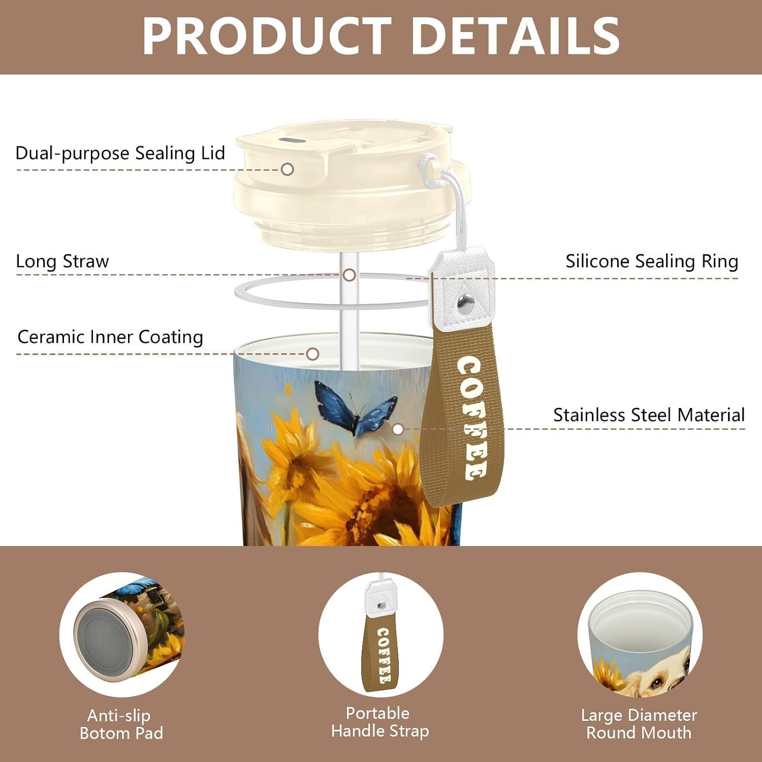 Golden Retriever Dog Sunflower Insulated Coffee Mug with Straw & Flip Lid, 16.9oz Iced Tumbler Cup, Double Wall Vacuum Leak-Proof Mug for Travel Office