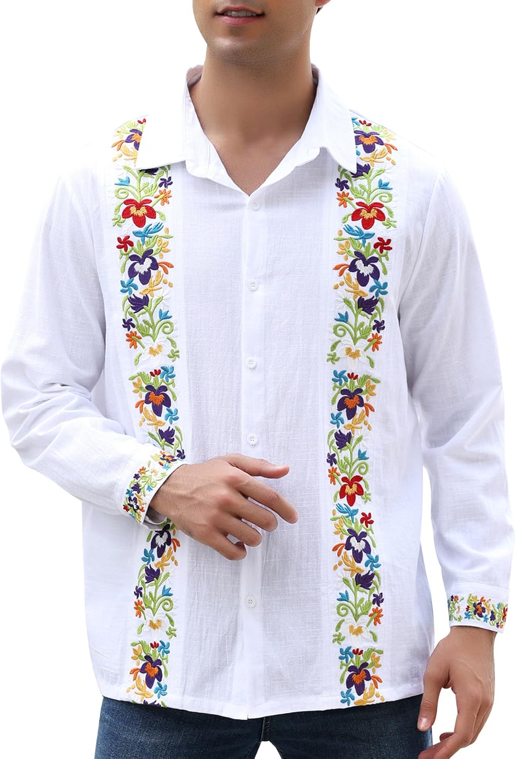 Mexican Shirts for Men Guayabera Cinco De Mayo Fiesta Traditional Embroidered Collared Button Up Long Sleeve