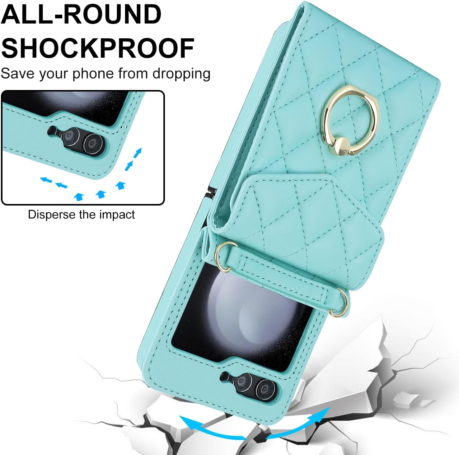 for Samsung Galaxy Z Flip 5 Wallet Phone Case with Ring and Adjustable Crossbody Strap, Stylish and Muti-funtional Accordion Style Flip Case with 4 Card Slots .(Green)