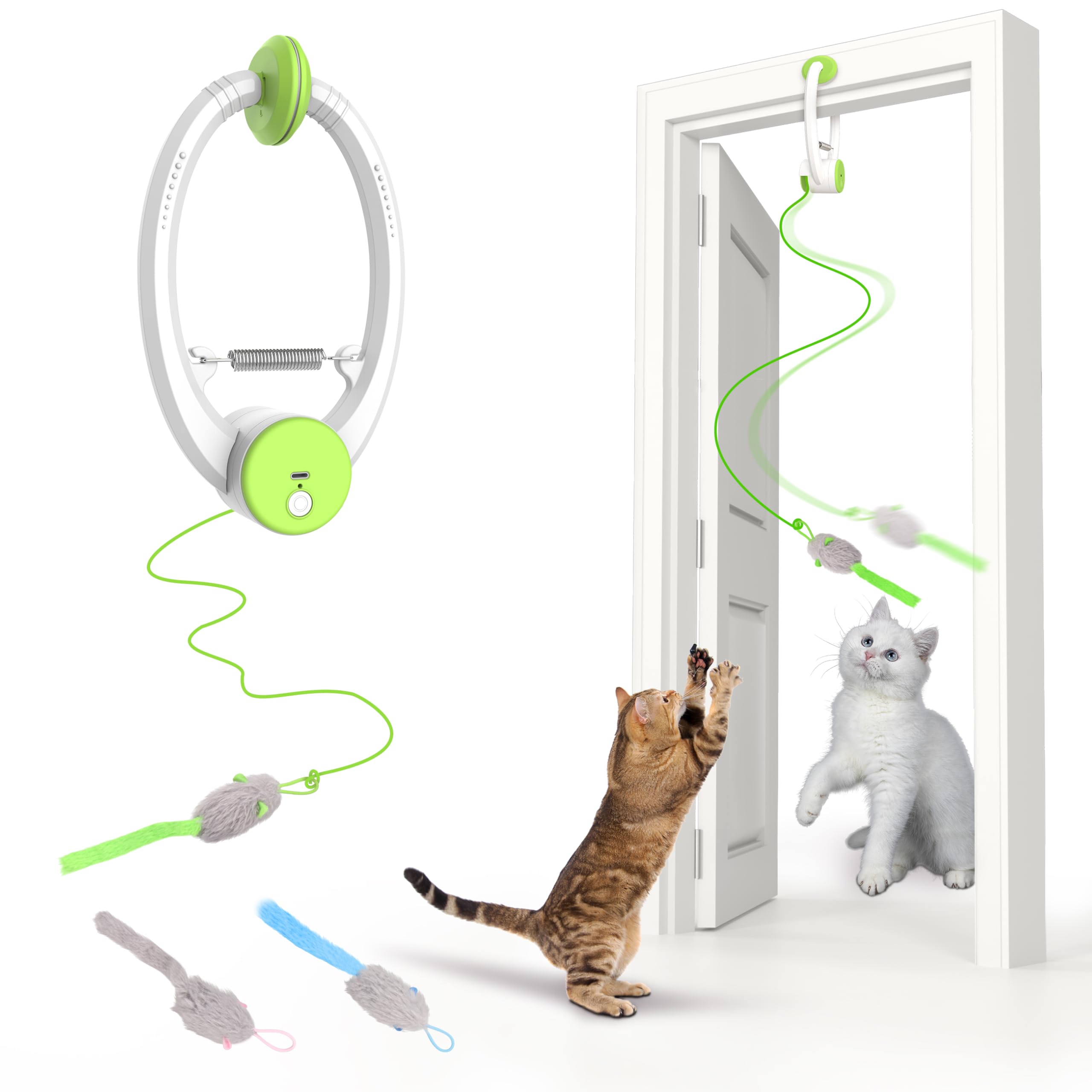 Interactive Cat Toys Rechargeable, Feather Toy for Indoor Cat, Hanging Retractable Teaser Toy, Automatic Kitten Play Chase Exercise Toys with Three Plush Mouse, USB Powered (Green)